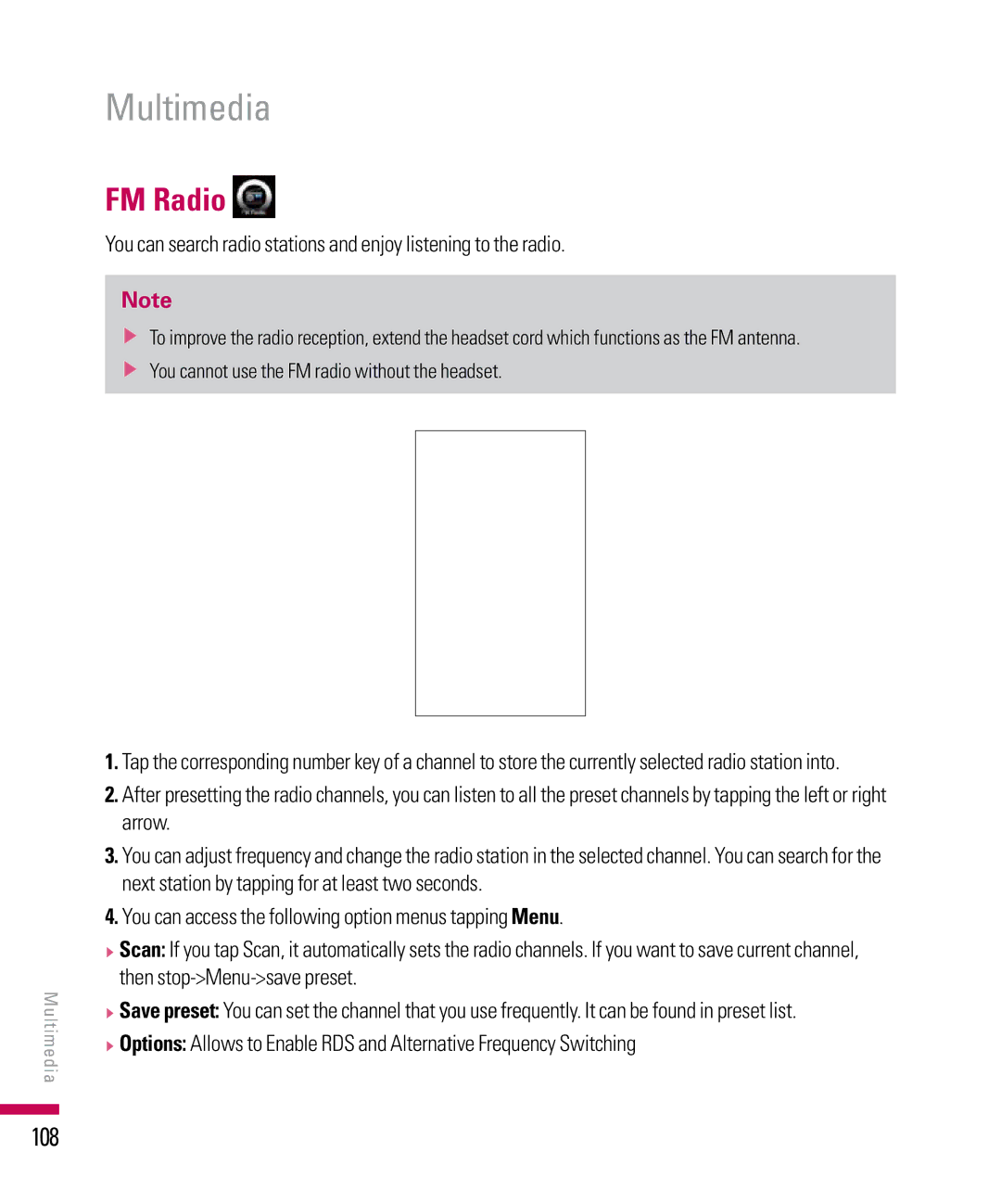 LG Electronics PDA manual FM Radio, 108 