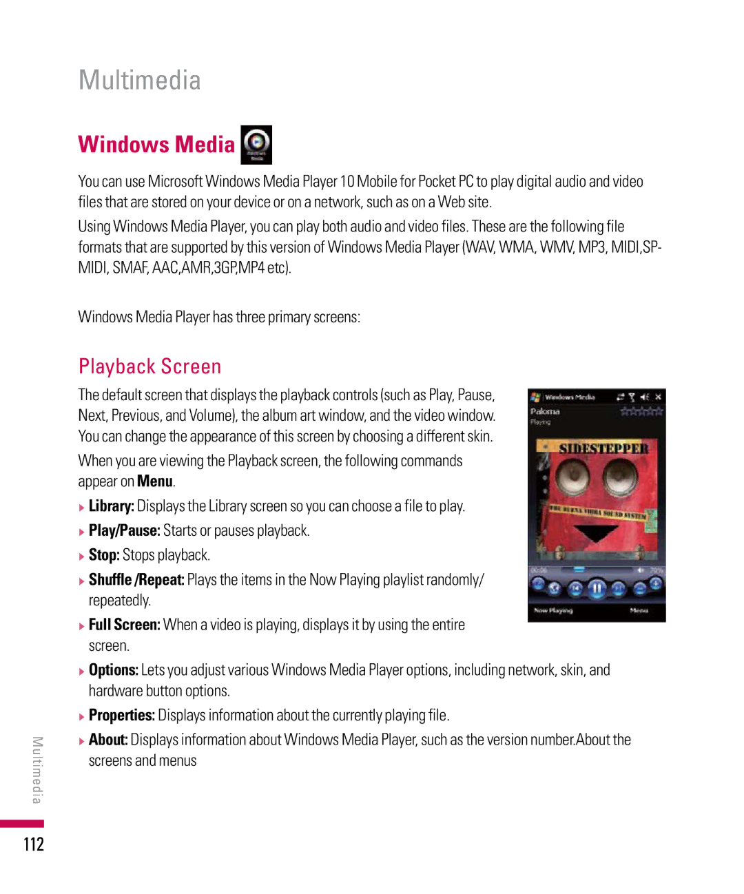 LG Electronics PDA manual Playback Screen, 112, Windows Media Player has three primary screens 
