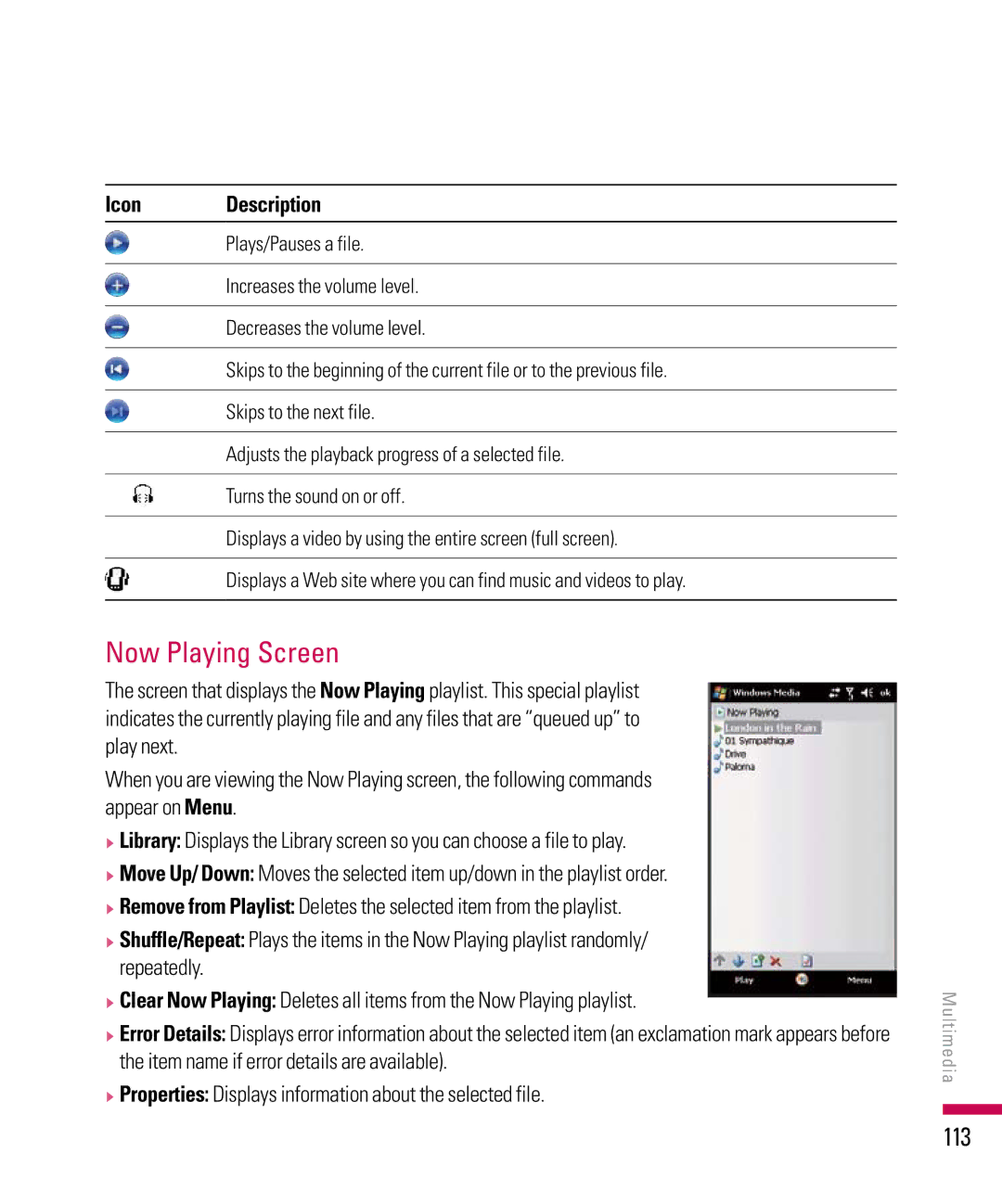 LG Electronics PDA manual Now Playing Screen, 113 