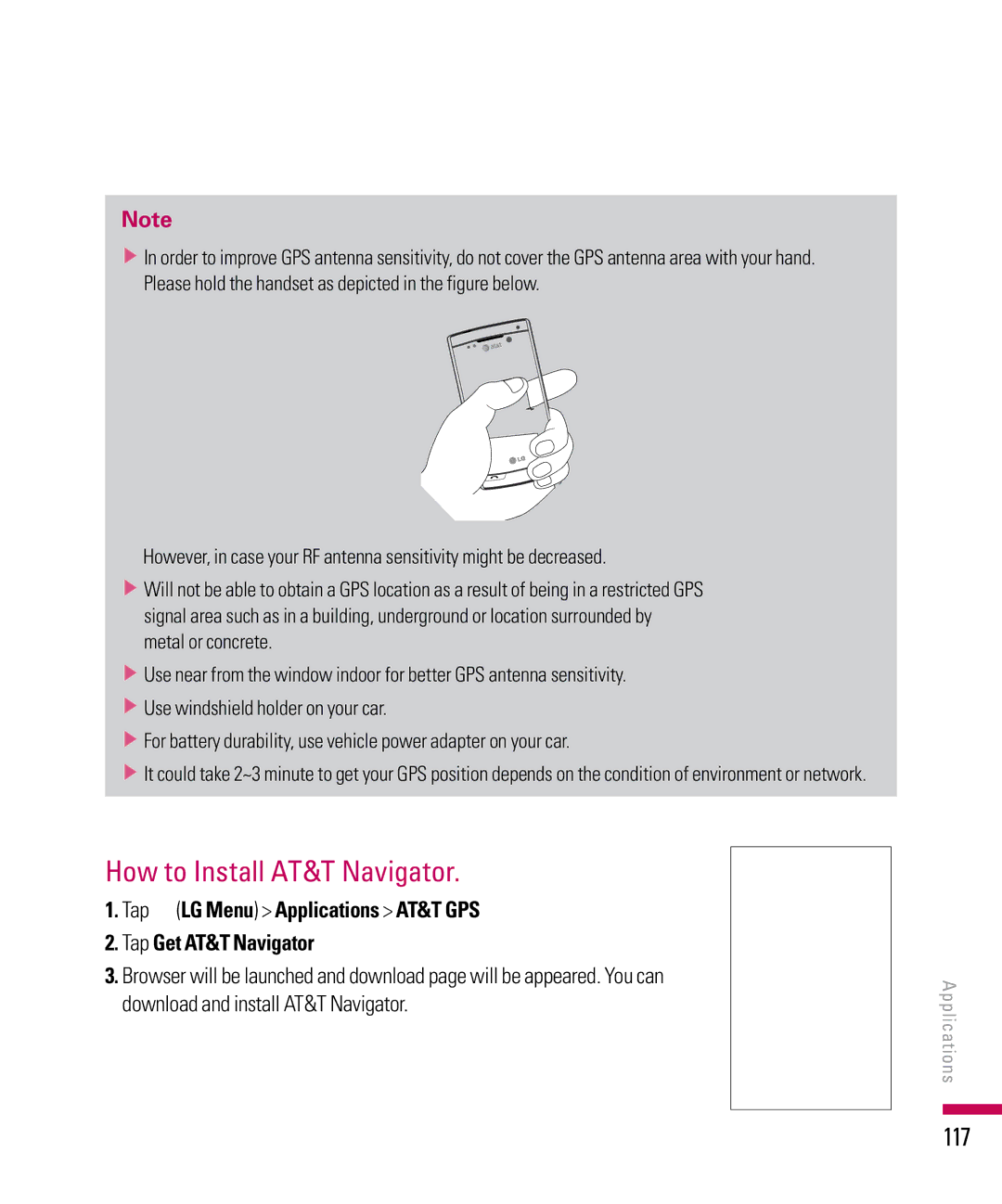 LG Electronics PDA manual How to Install AT&T Navigator, 117, Download and install AT&T Navigator 