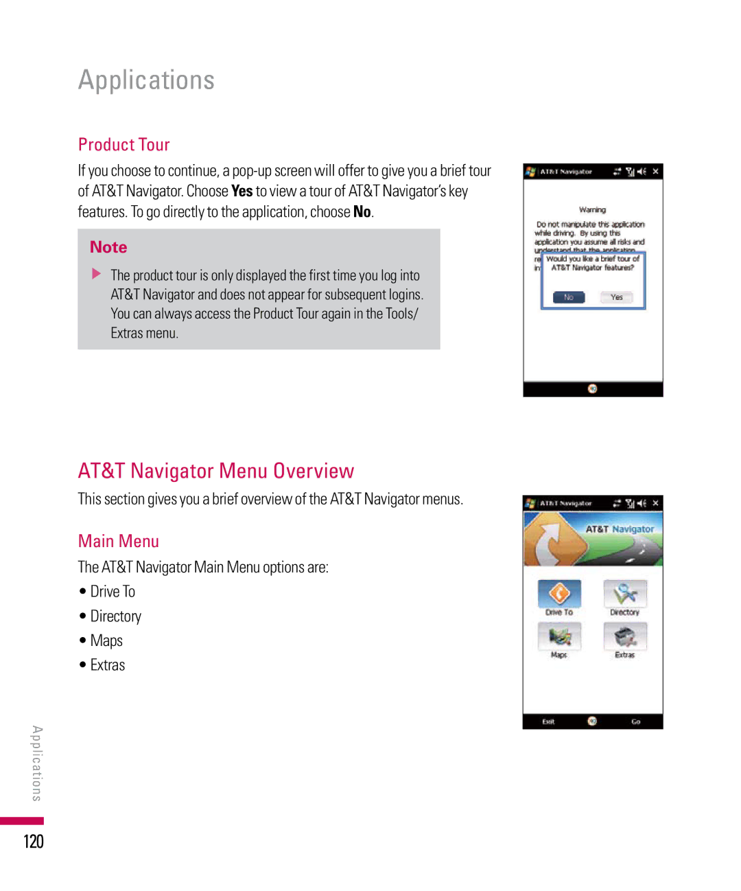 LG Electronics PDA manual AT&T Navigator Menu Overview, 120, Product Tour, Main Menu 