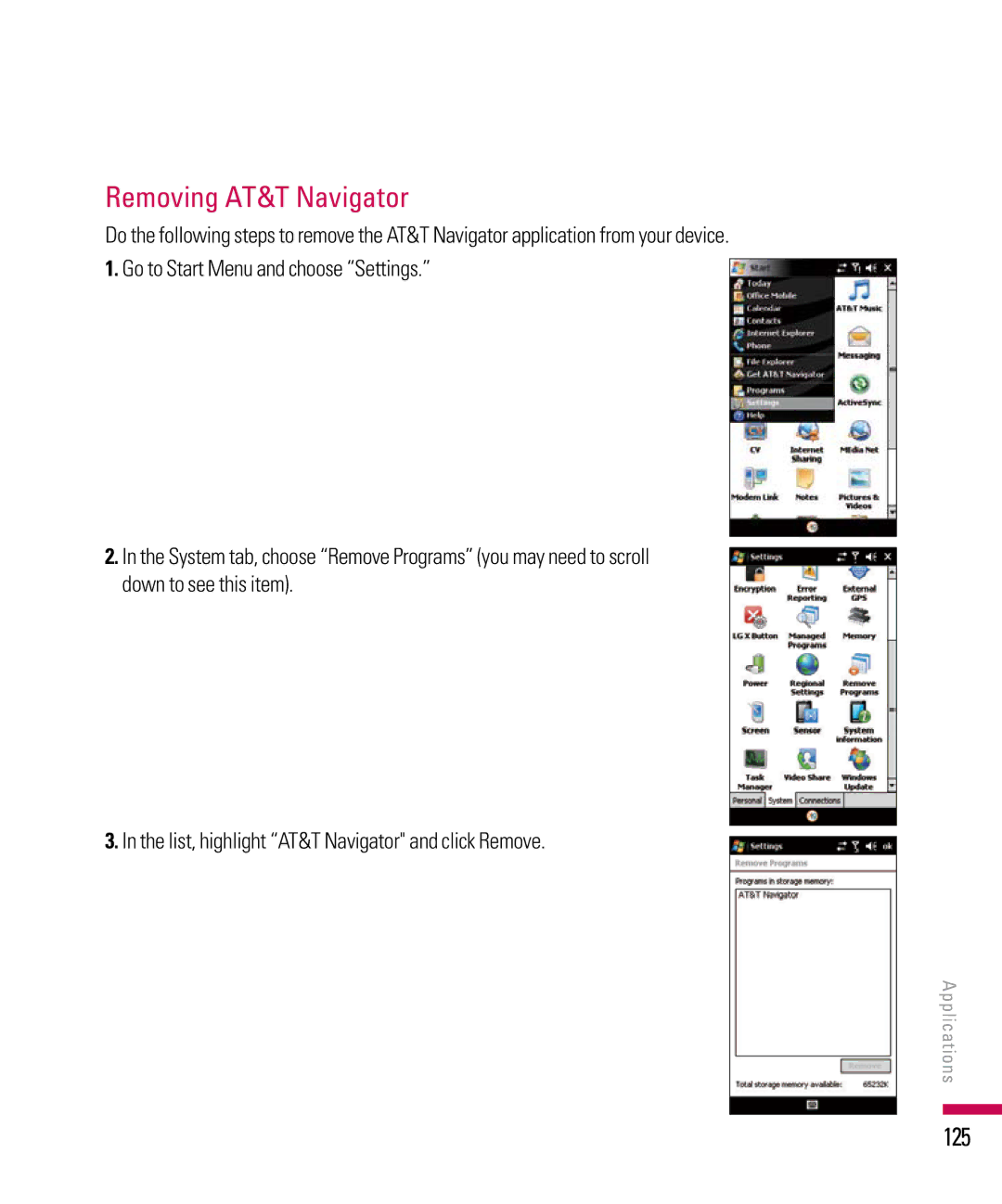 LG Electronics PDA manual Removing AT&T Navigator, 125 