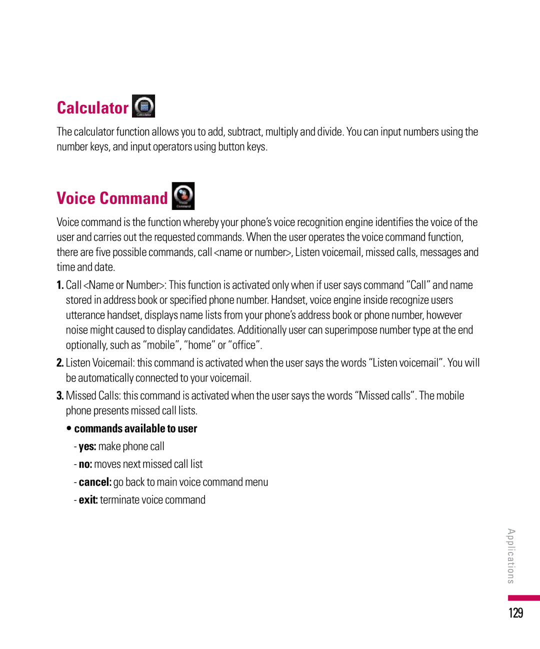 LG Electronics PDA manual Calculator, Voice Command, 129, Commands available to user 