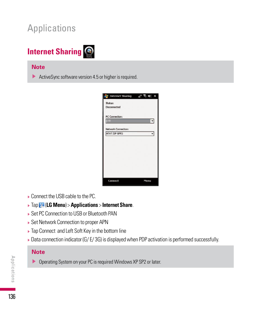 LG Electronics PDA manual Internet Sharing, 136, Connect the USB cable to the PC, Tap LG Menu Applications Internet Share 