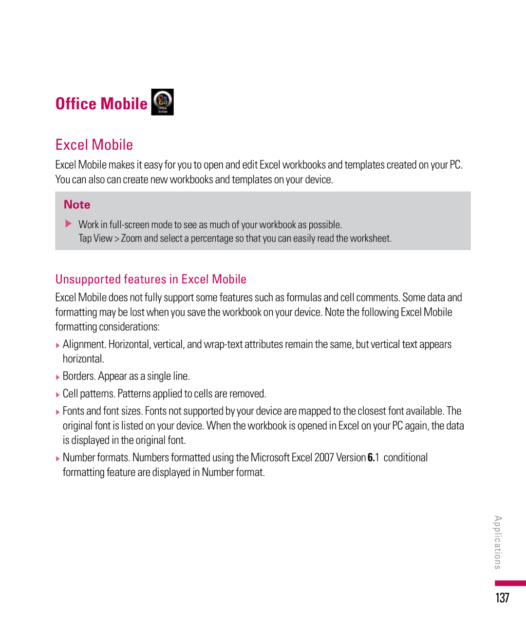 LG Electronics PDA manual Office Mobile, 137, Unsupported features in Excel Mobile 