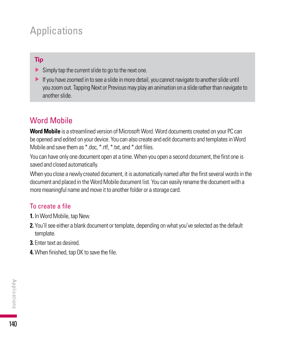 LG Electronics PDA manual Word Mobile, 140, To create a file 