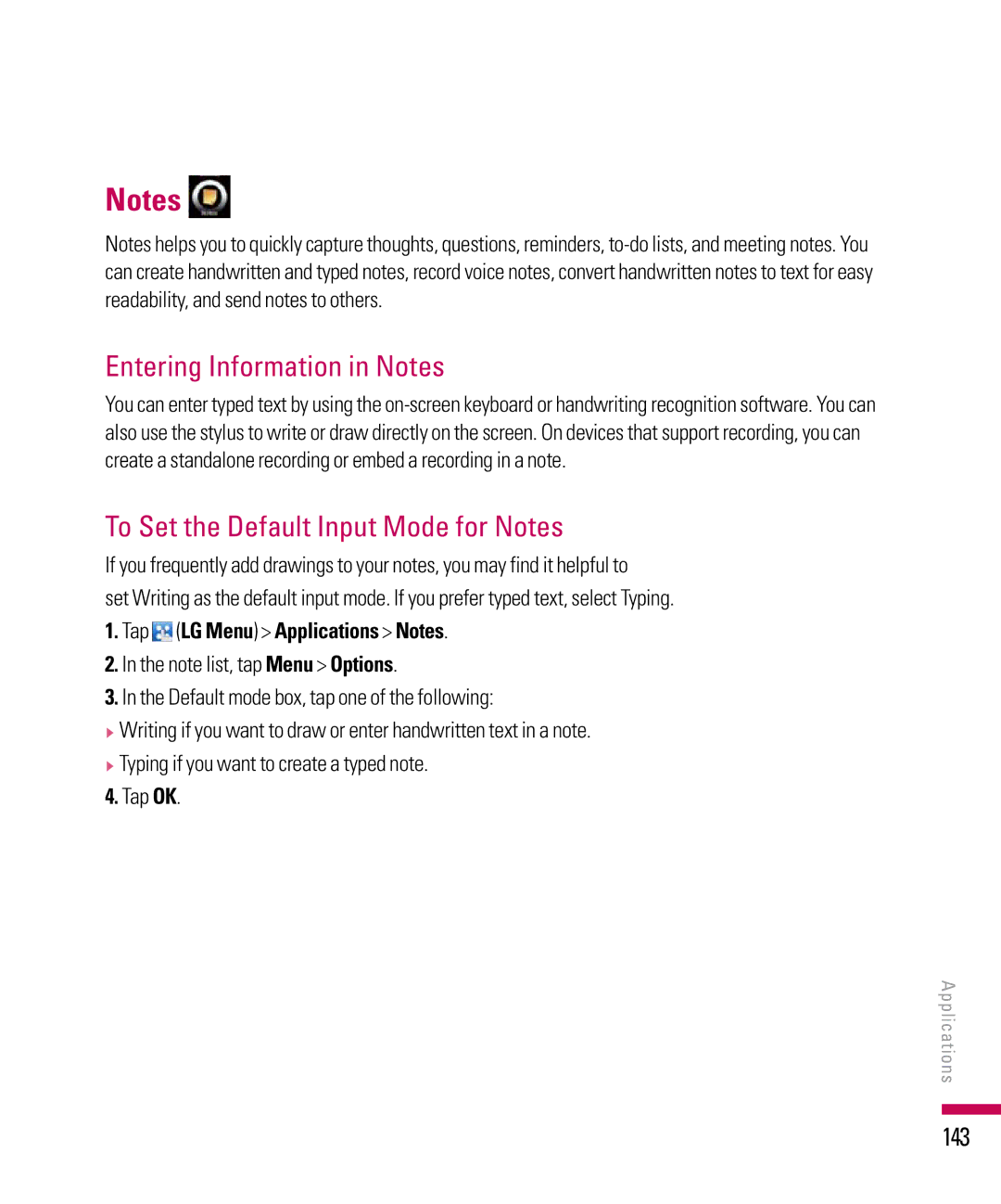 LG Electronics PDA manual Entering Information in Notes, To Set the Default Input Mode for Notes, 143 