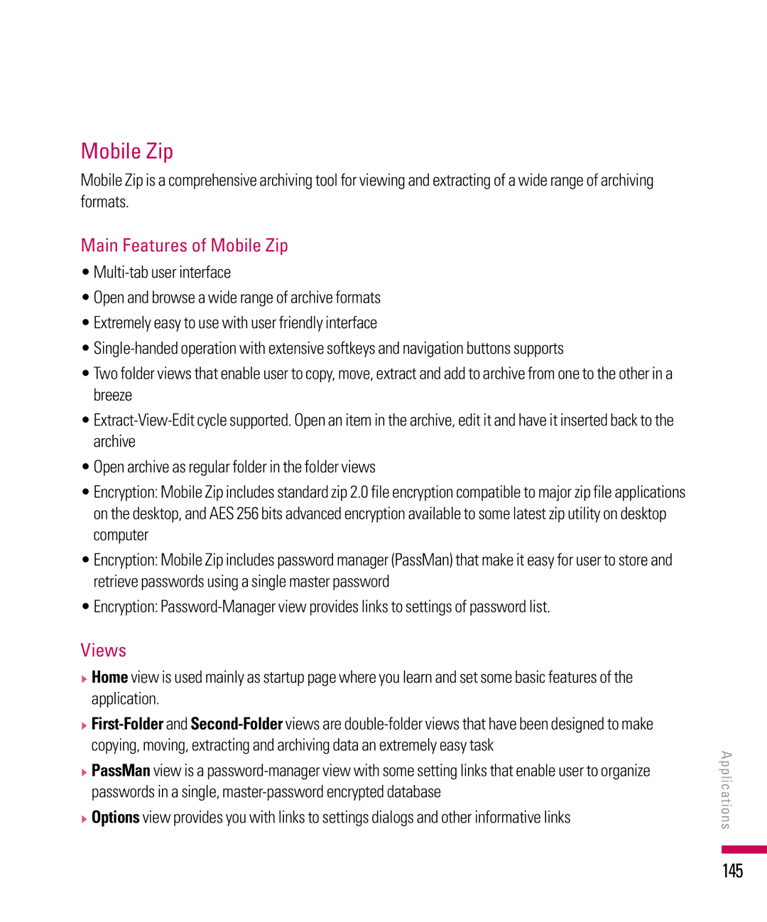 LG Electronics PDA manual 145, Main Features of Mobile Zip, Views 