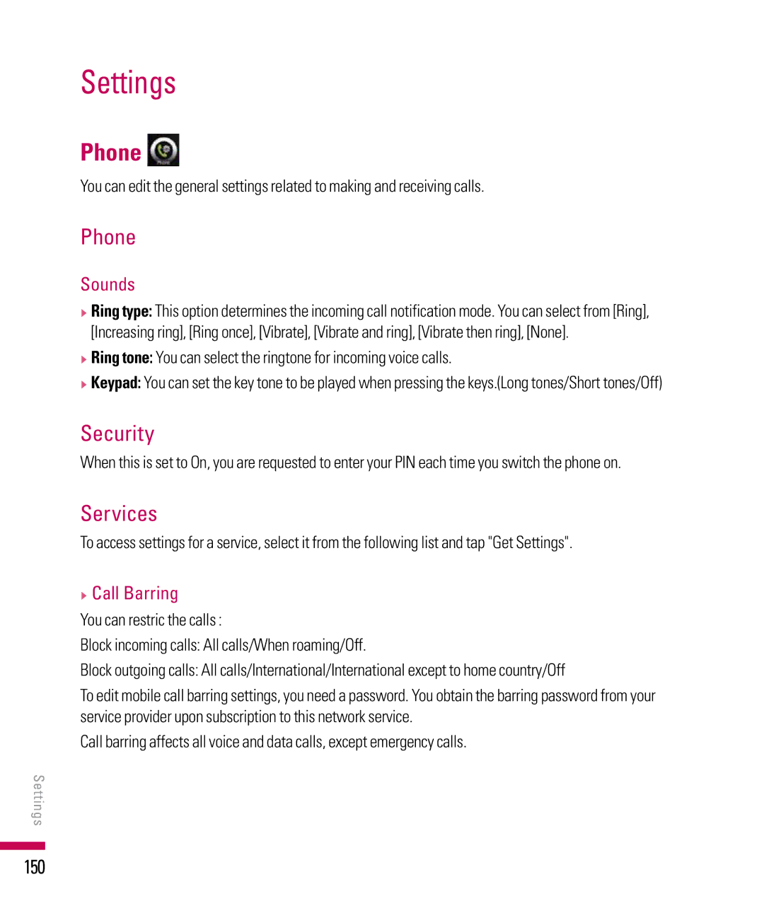 LG Electronics PDA manual Settings, Phone, Security, Services 