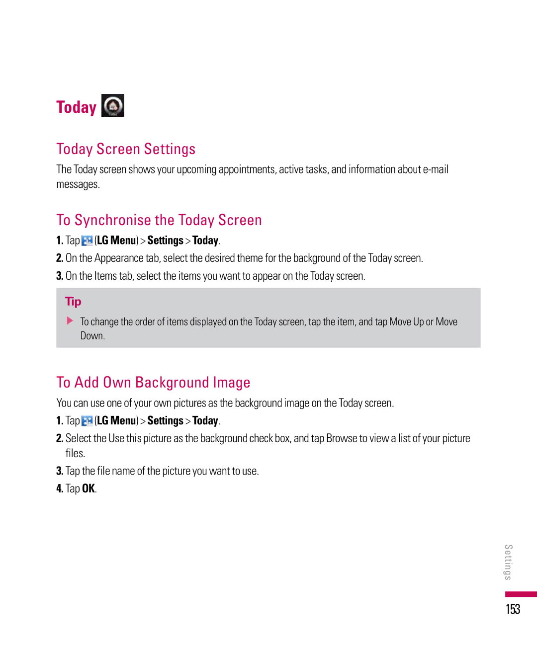 LG Electronics PDA manual Today Screen Settings, To Synchronise the Today Screen, To Add Own Background Image, 153 