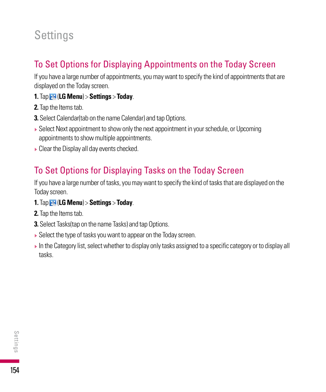 LG Electronics PDA manual To Set Options for Displaying Tasks on the Today Screen, 154 