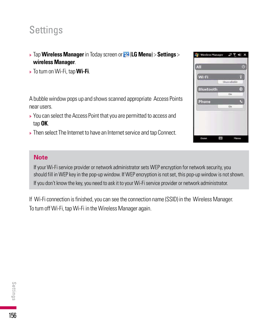 LG Electronics PDA manual 156, To turn off Wi-Fi, tap Wi-Fi in the Wireless Manager again 