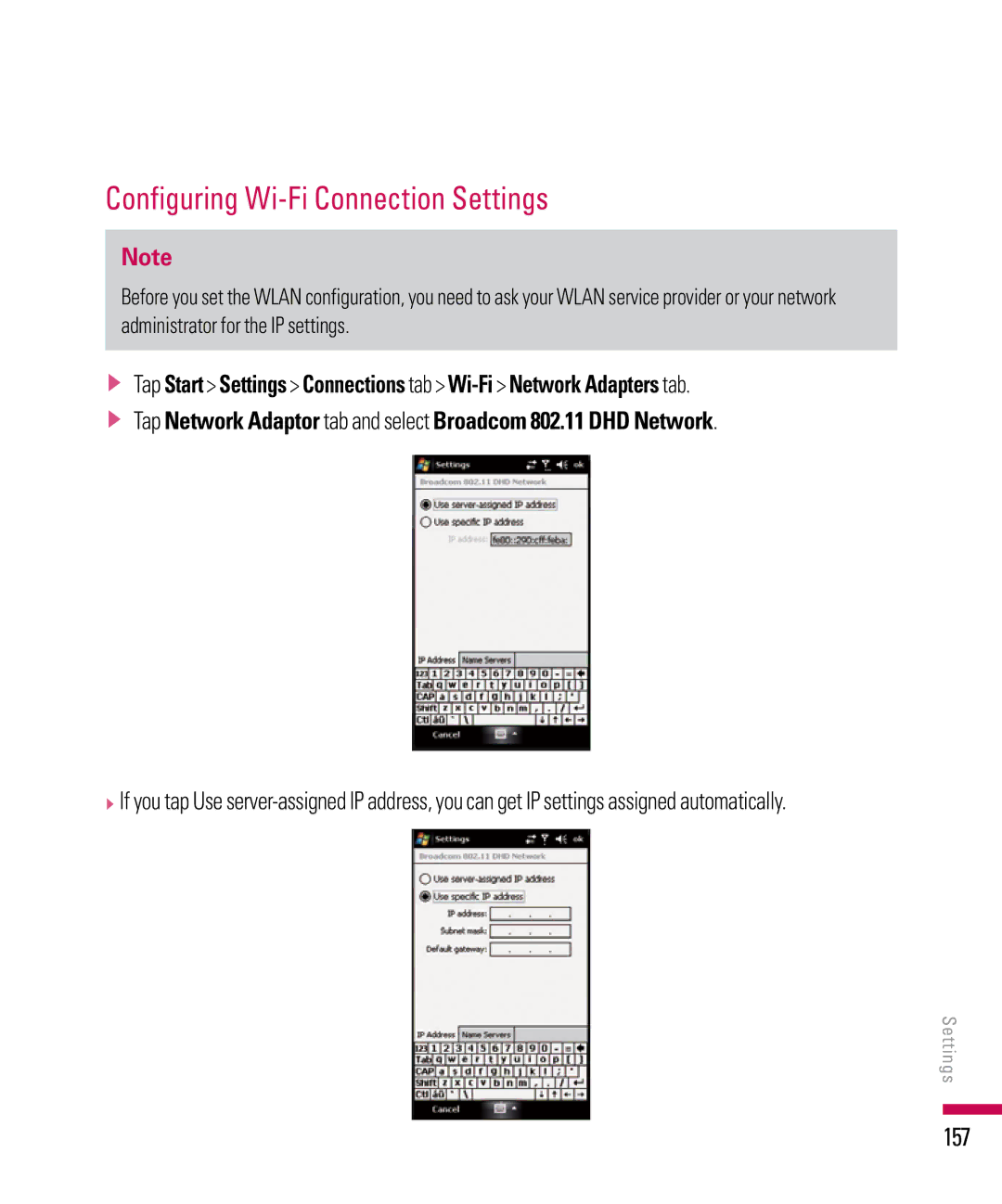 LG Electronics PDA manual Configuring Wi-Fi Connection Settings, 157 