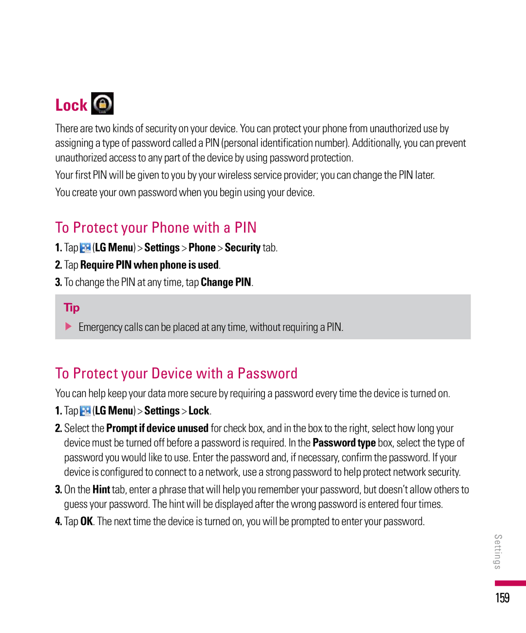 LG Electronics PDA manual Lock, To Protect your Phone with a PIN, To Protect your Device with a Password, 159 