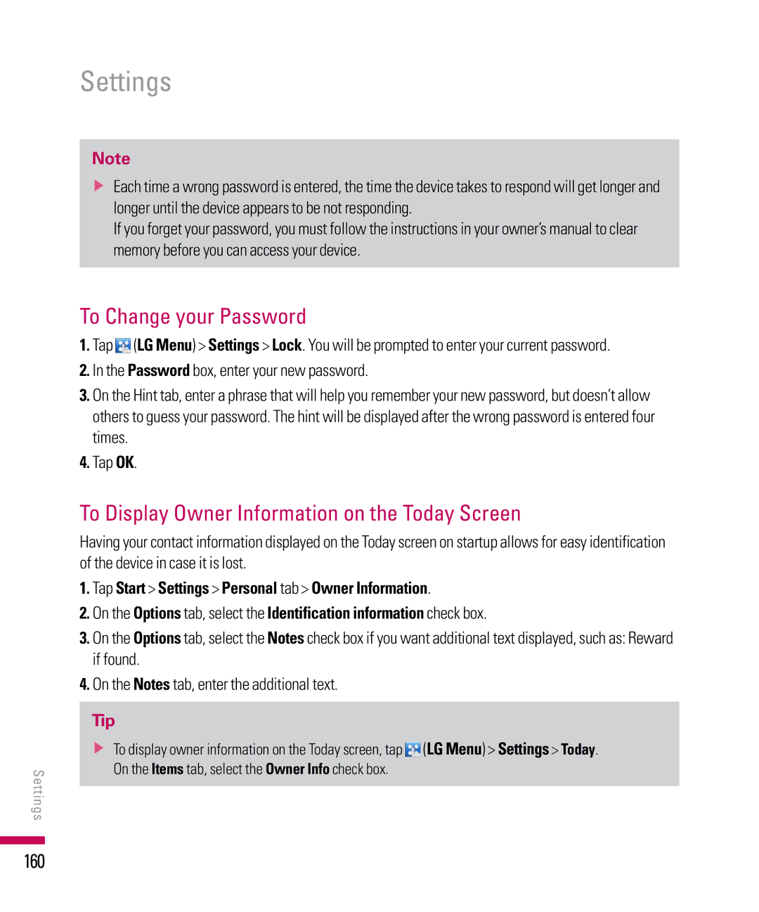 LG Electronics PDA manual To Change your Password, To Display Owner Information on the Today Screen, 160 