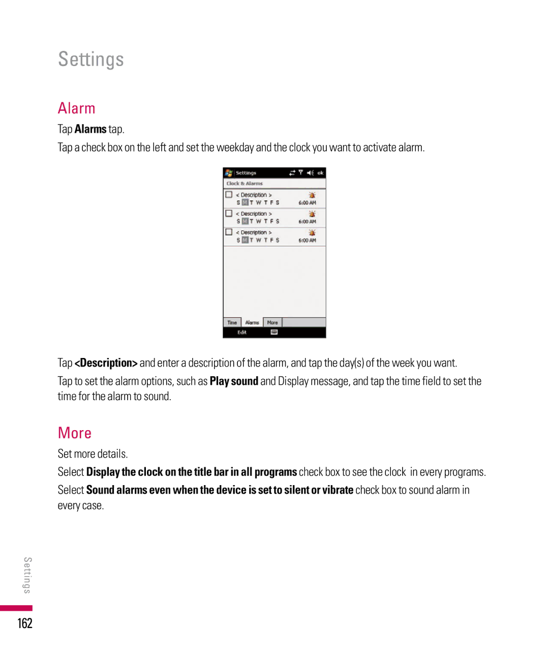 LG Electronics PDA manual Alarm, More, 162, Set more details 