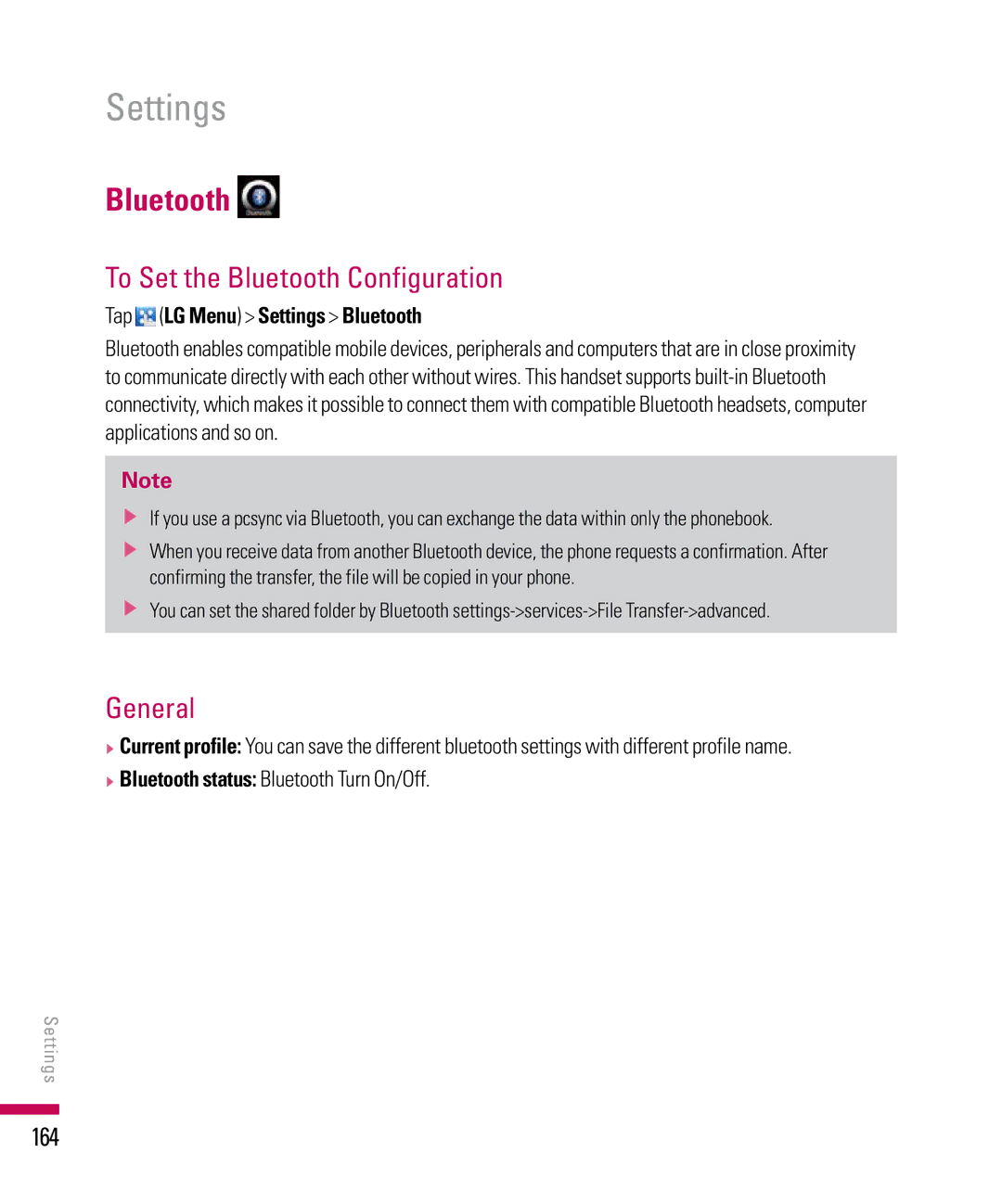 LG Electronics PDA manual To Set the Bluetooth Configuration, General, 164, Tap LG Menu Settings Bluetooth 