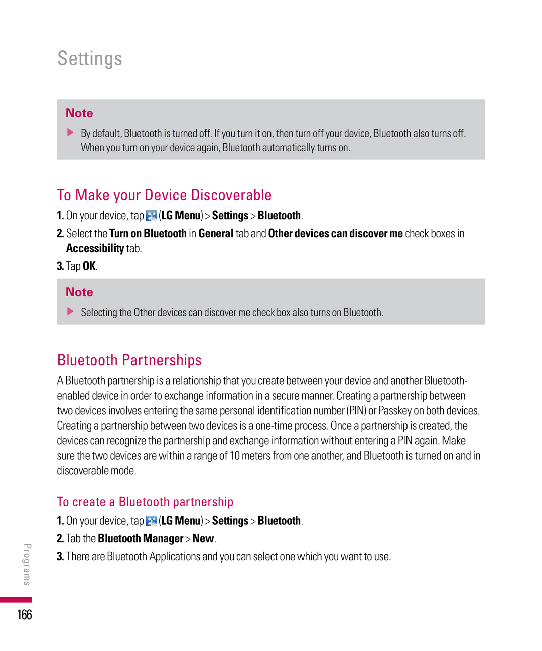 LG Electronics PDA manual To Make your Device Discoverable, Bluetooth Partnerships, 166, To create a Bluetooth partnership 