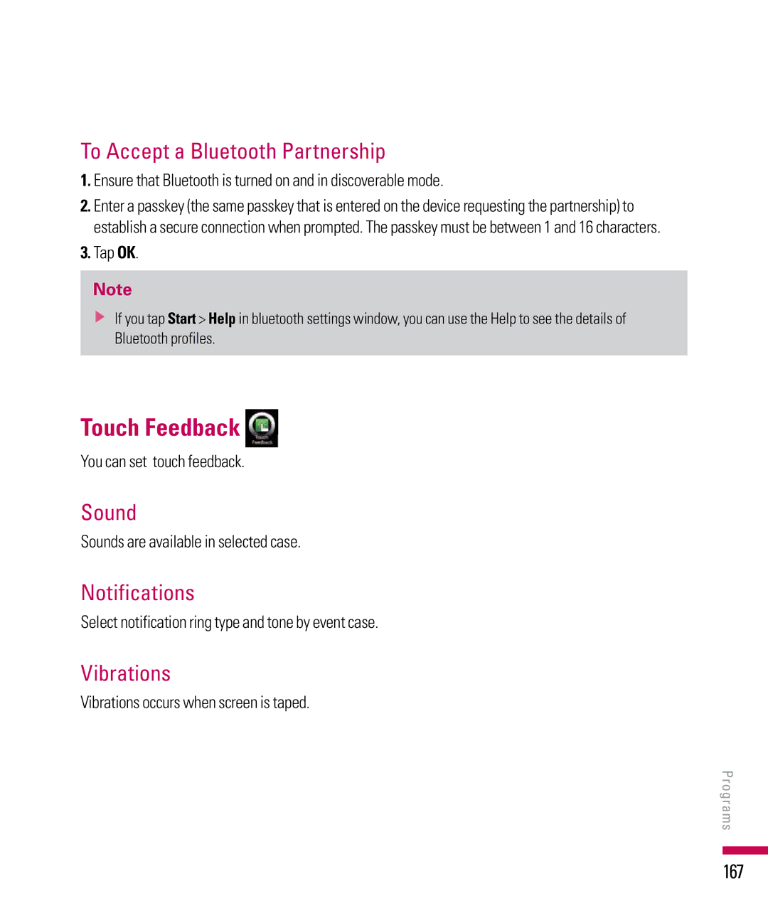 LG Electronics PDA manual Touch Feedback, To Accept a Bluetooth Partnership, Sound, Notifications, Vibrations 