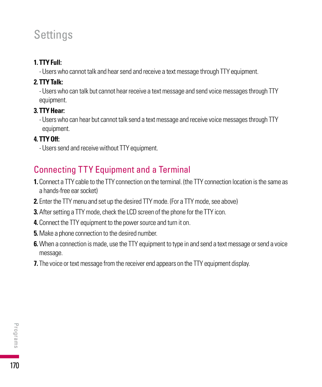 LG Electronics PDA manual Connecting TTY Equipment and a Terminal, 170 