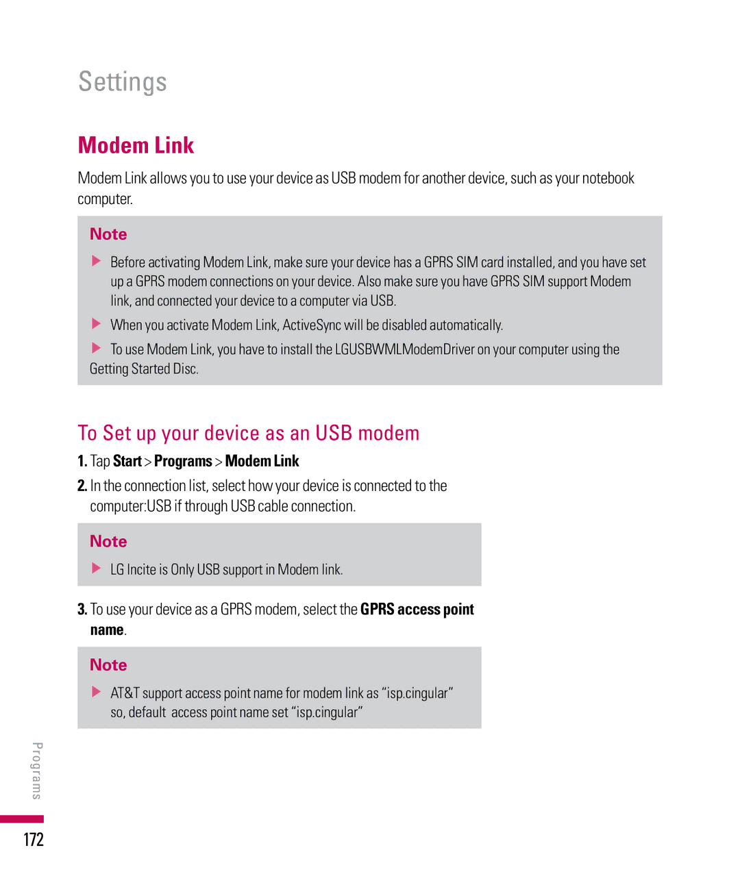 LG Electronics PDA manual To Set up your device as an USB modem, 172, Tap Start Programs Modem Link 