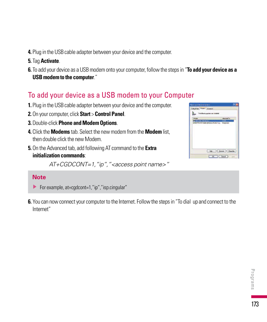 LG Electronics PDA manual To add your device as a USB modem to your Computer, 173, Tag Activate 