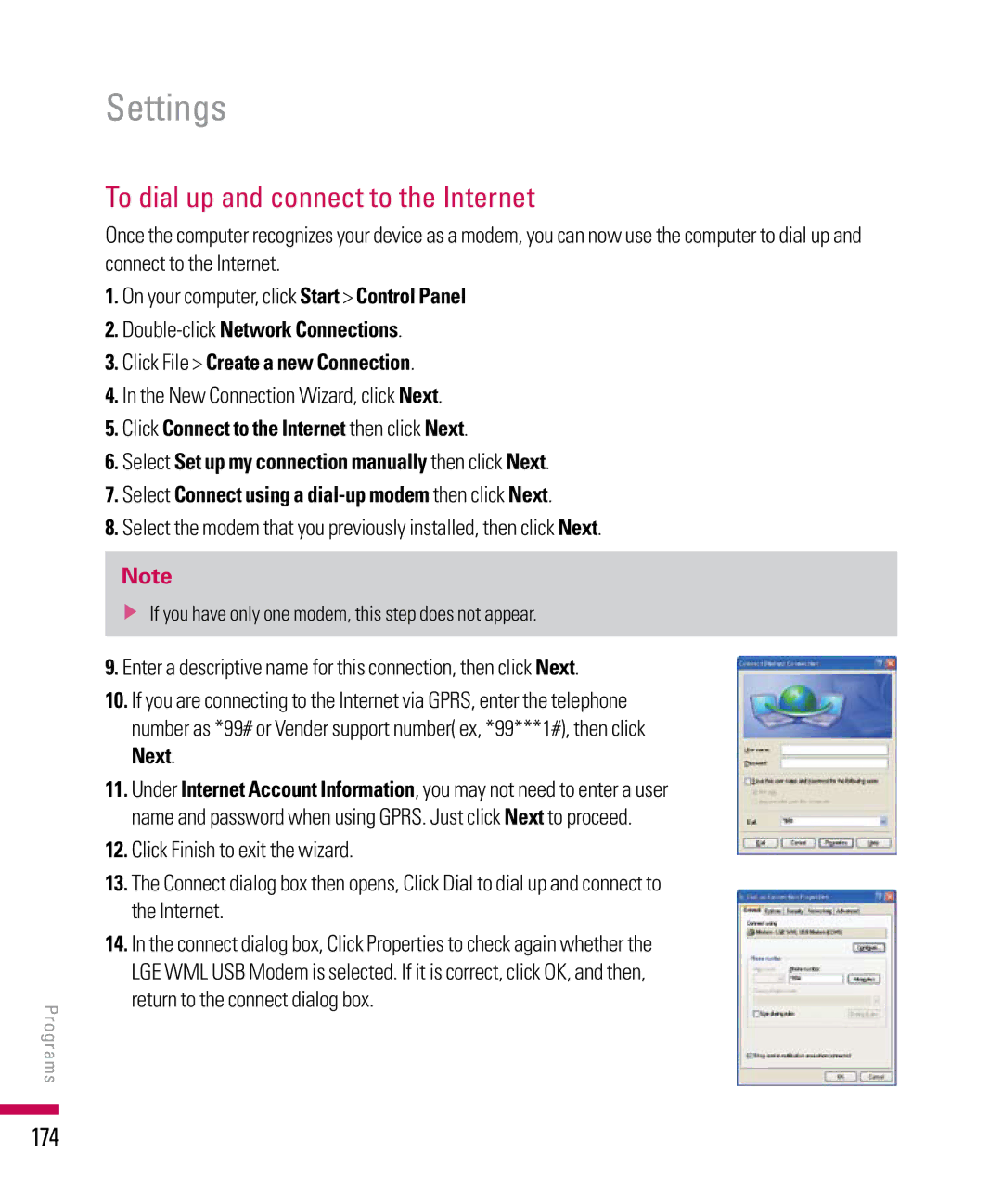 LG Electronics PDA manual To dial up and connect to the Internet, 174, New Connection Wizard, click Next 