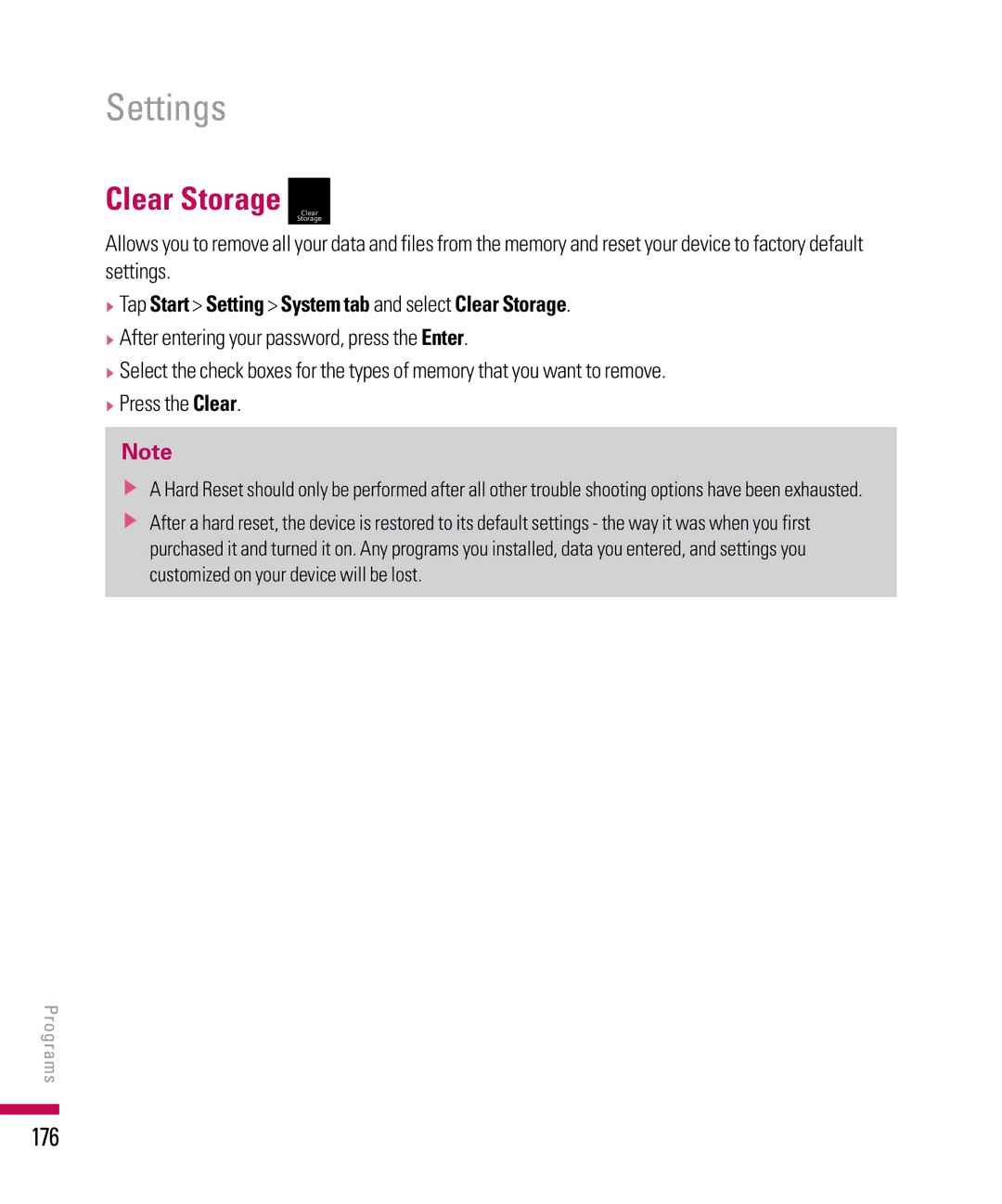 LG Electronics PDA manual Clear Storage, 176 