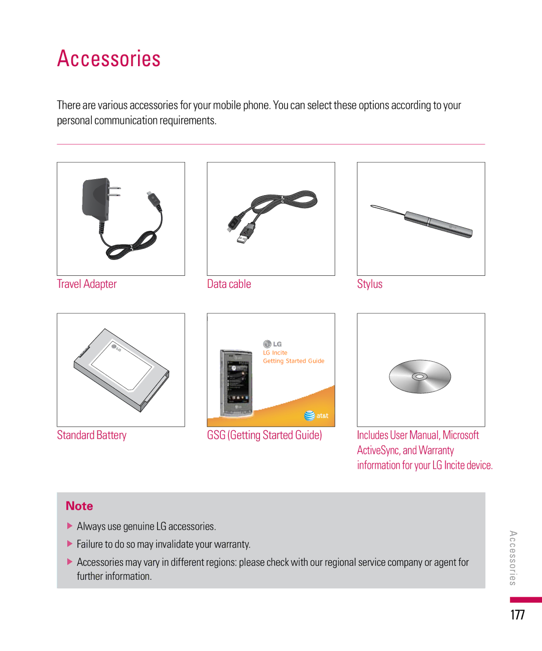 LG Electronics PDA manual Accessories, 177 