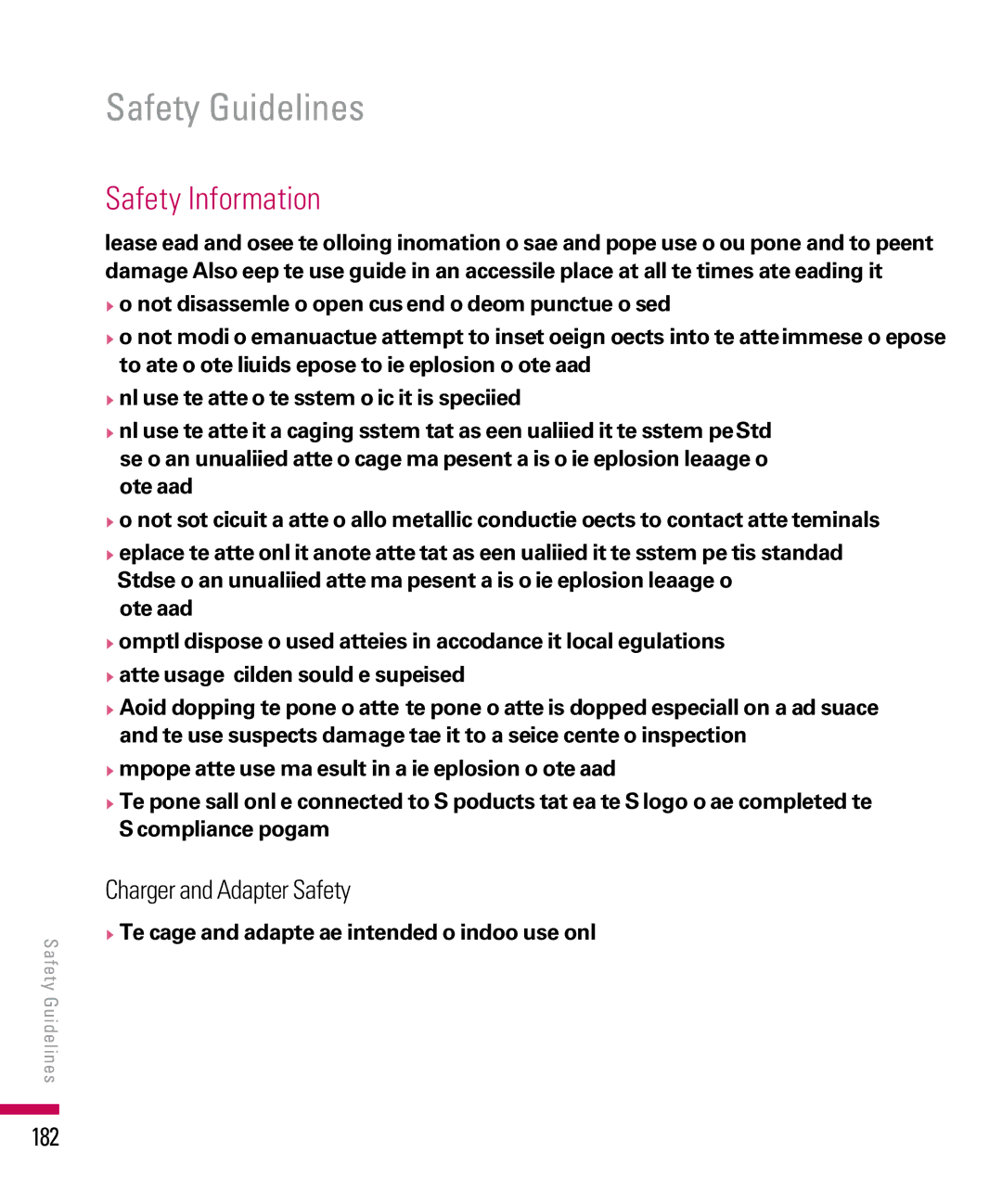 LG Electronics PDA manual Safety Information, 182, Charger and adapter are intended for indoor use only 