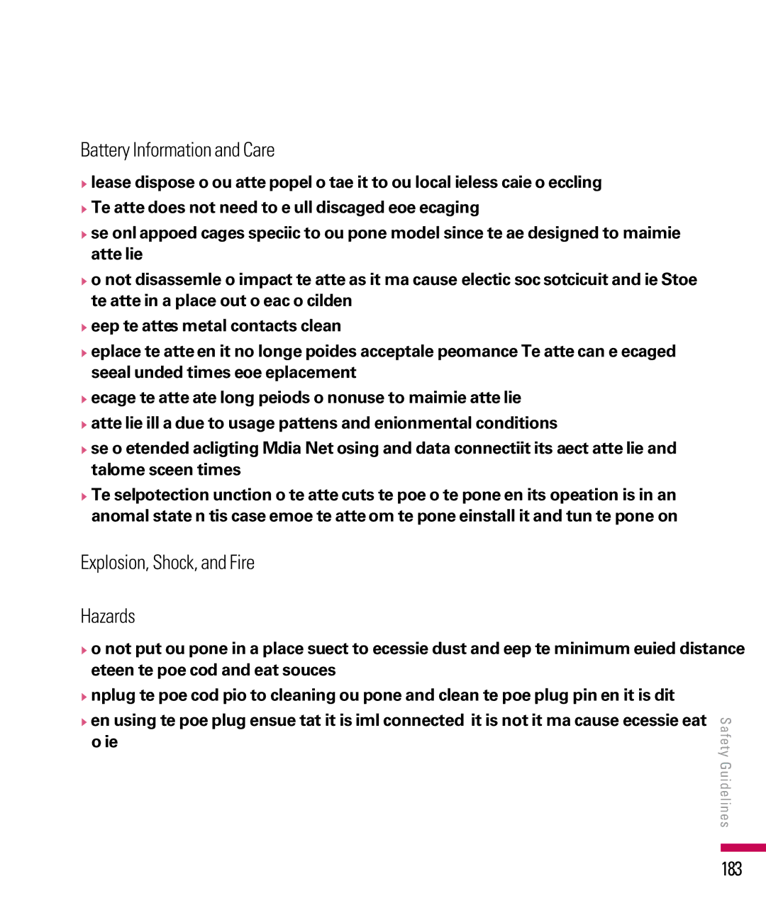 LG Electronics PDA manual Battery Information and Care, 183 