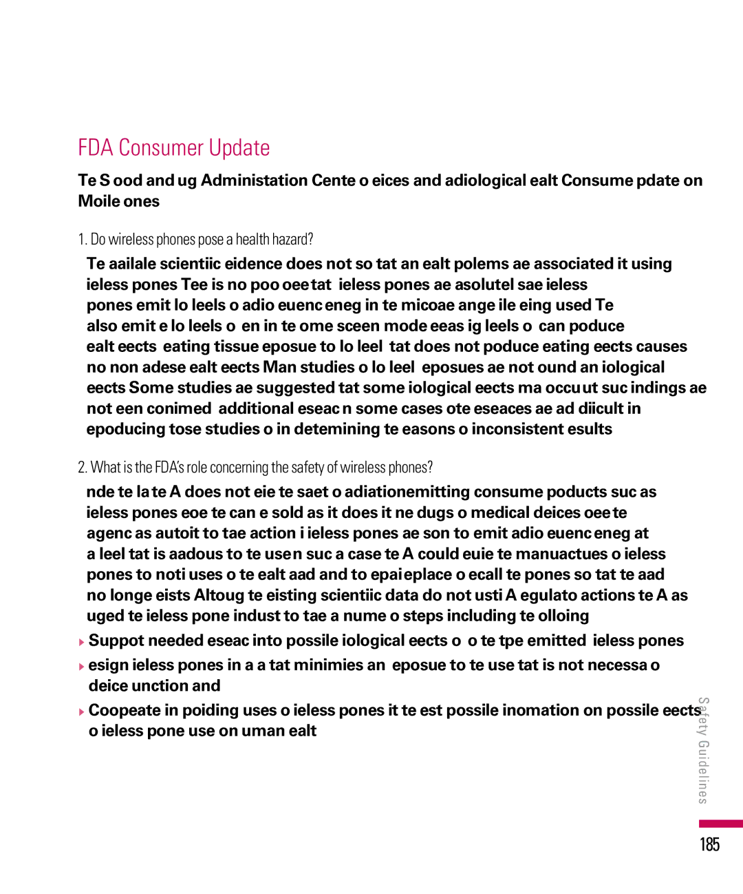 LG Electronics PDA manual FDA Consumer Update, 185, Do wireless phones pose a health hazard? 