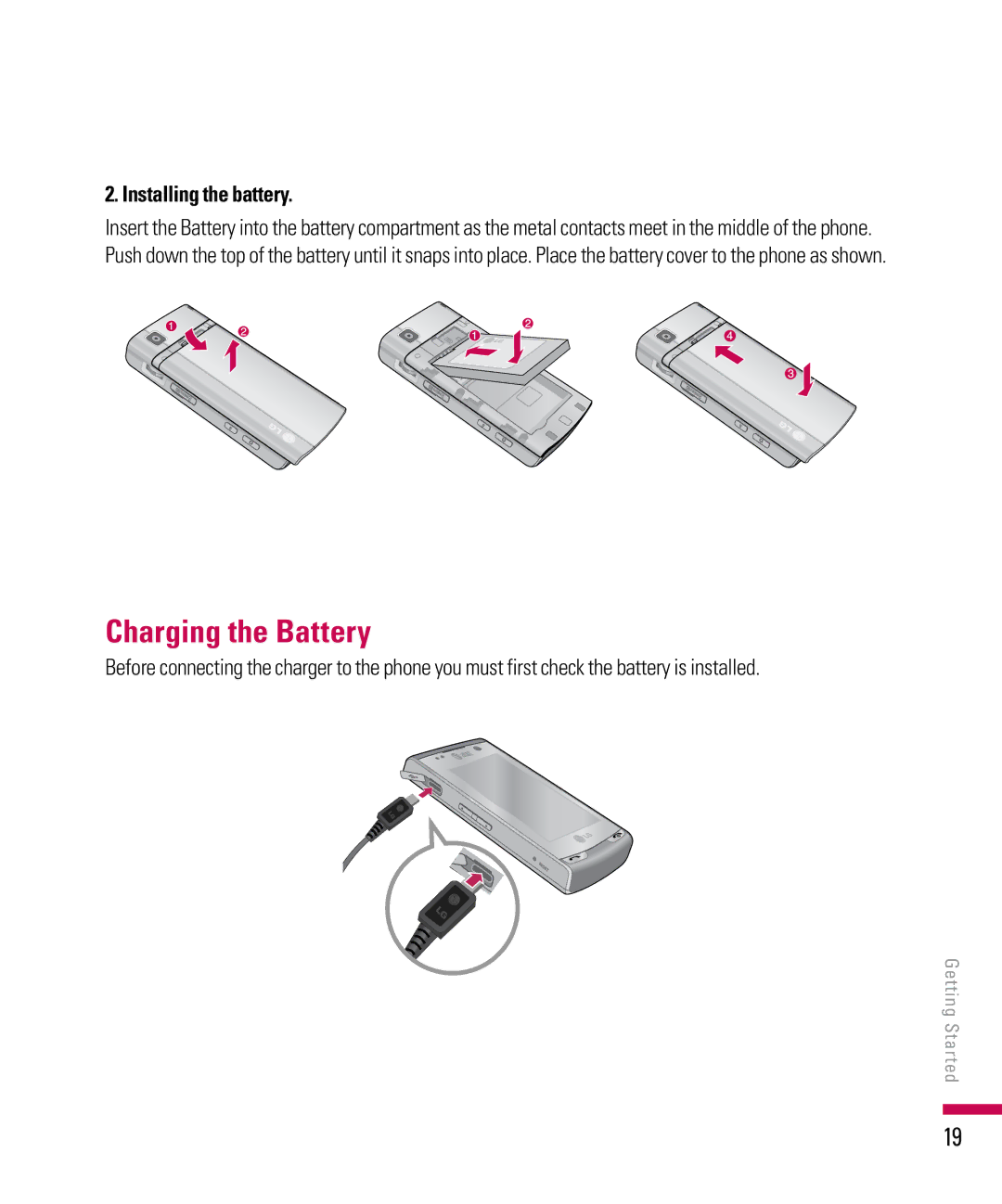 LG Electronics PDA manual Charging the Battery, Installing the battery 