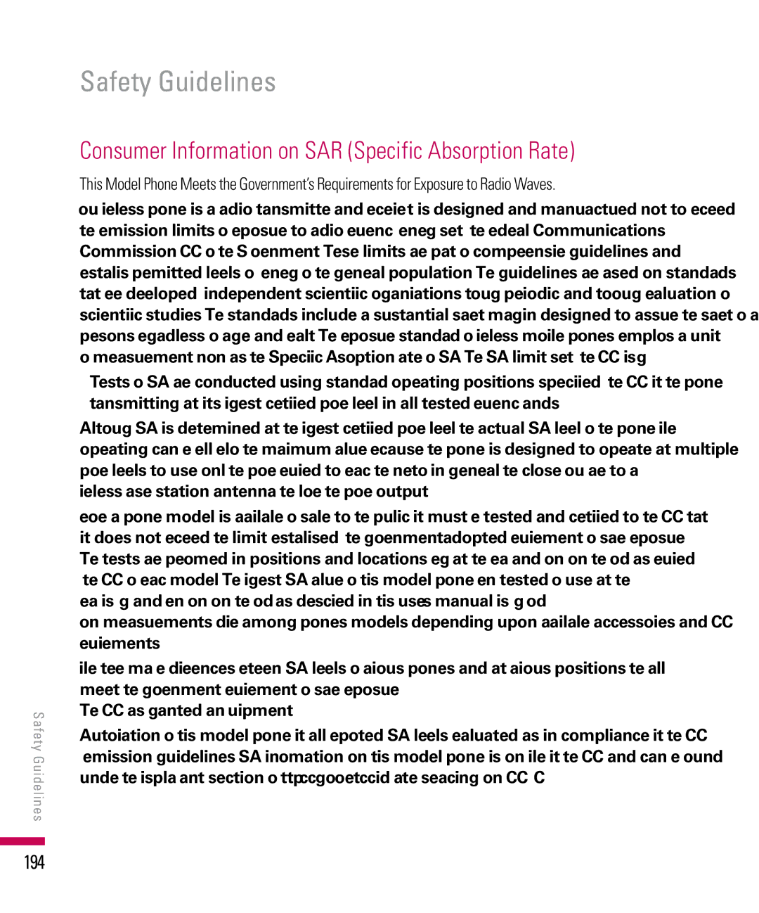 LG Electronics PDA manual Consumer Information on SAR Specific Absorption Rate, 194 