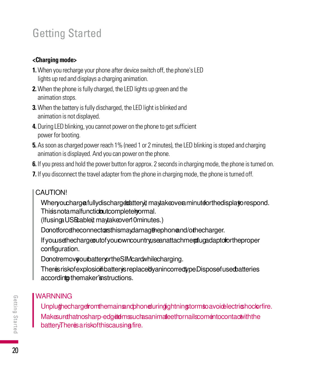 LG Electronics PDA manual Getting Started, Charging mode 