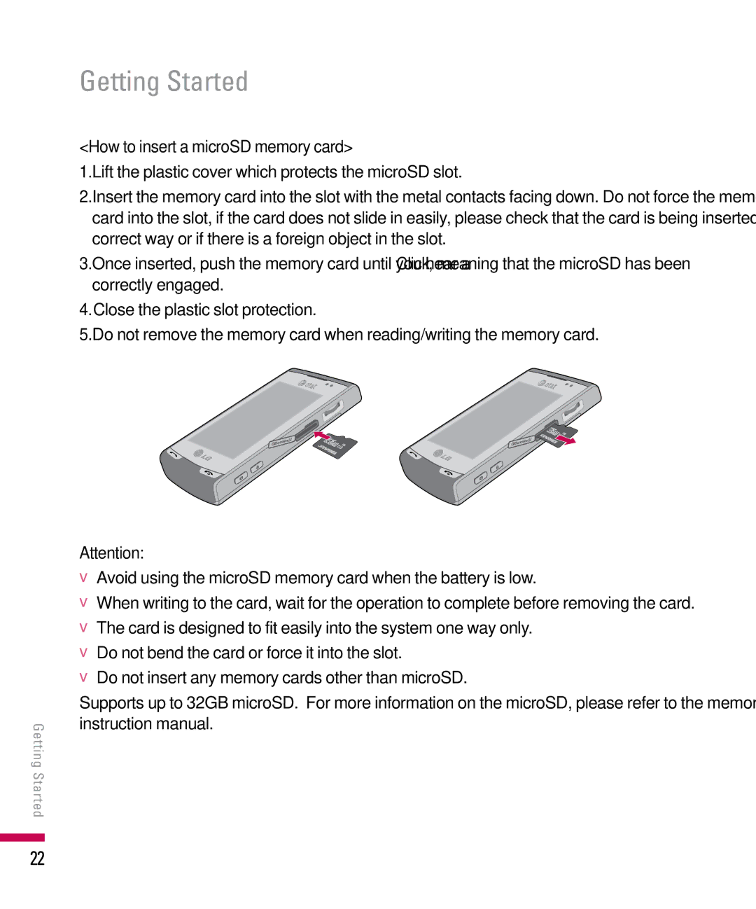 LG Electronics PDA manual How to insert a microSD memory card, Lift the plastic cover which protects the microSD slot 