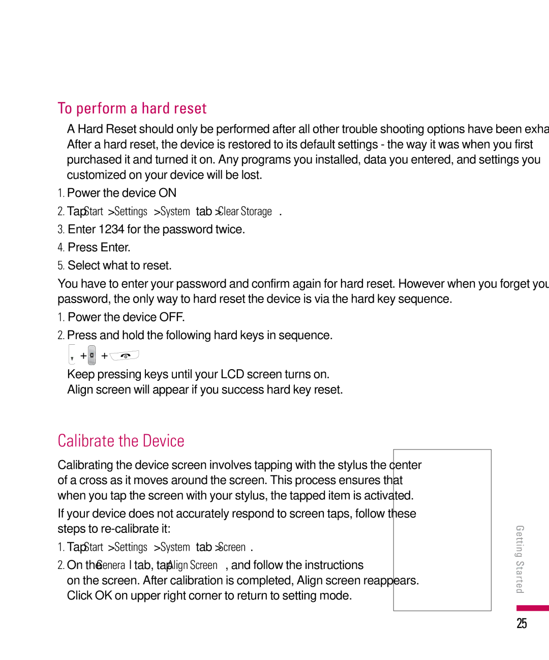 LG Electronics PDA manual Calibrate the Device, To perform a hard reset, Power the device on 