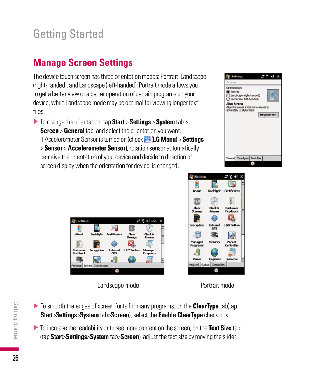 LG Electronics PDA Manage Screen Settings, If Accelerometer Sensor is turned on check LG Menu Settings, Landscape mode 