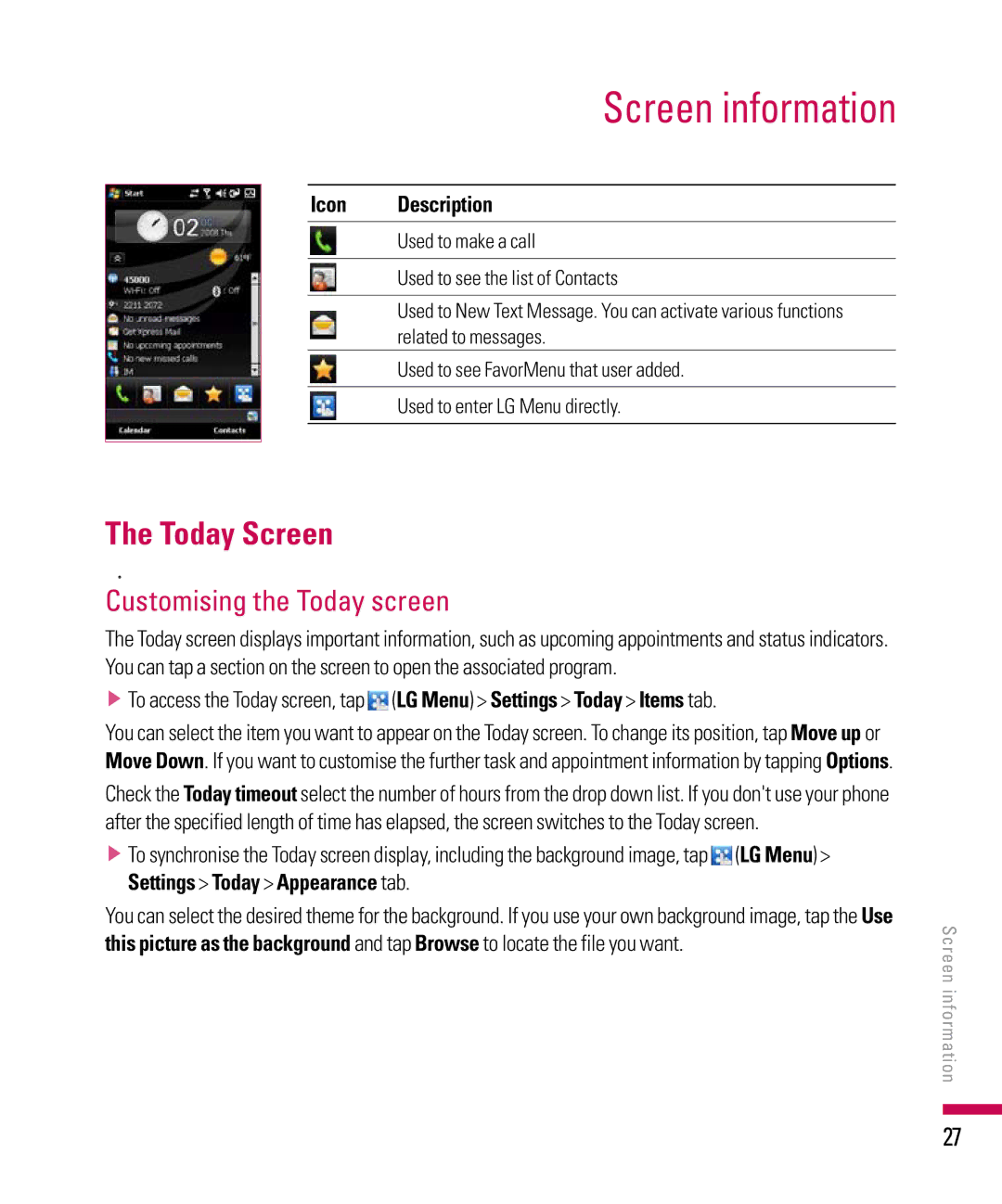 LG Electronics PDA manual Screen information, Today Screen, Customising the Today screen, Icon Description 