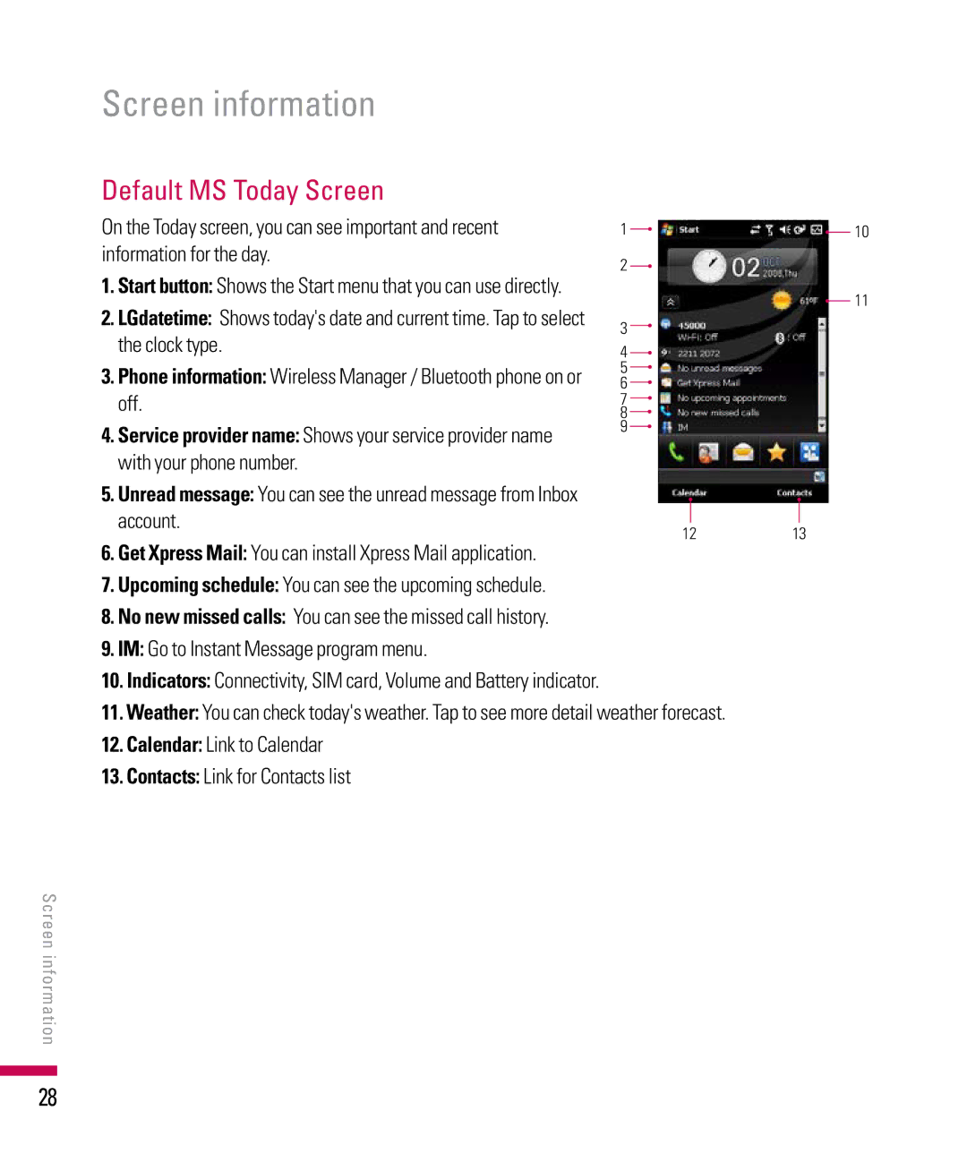 LG Electronics PDA manual Default MS Today Screen, Clock type, Off, With your phone number 