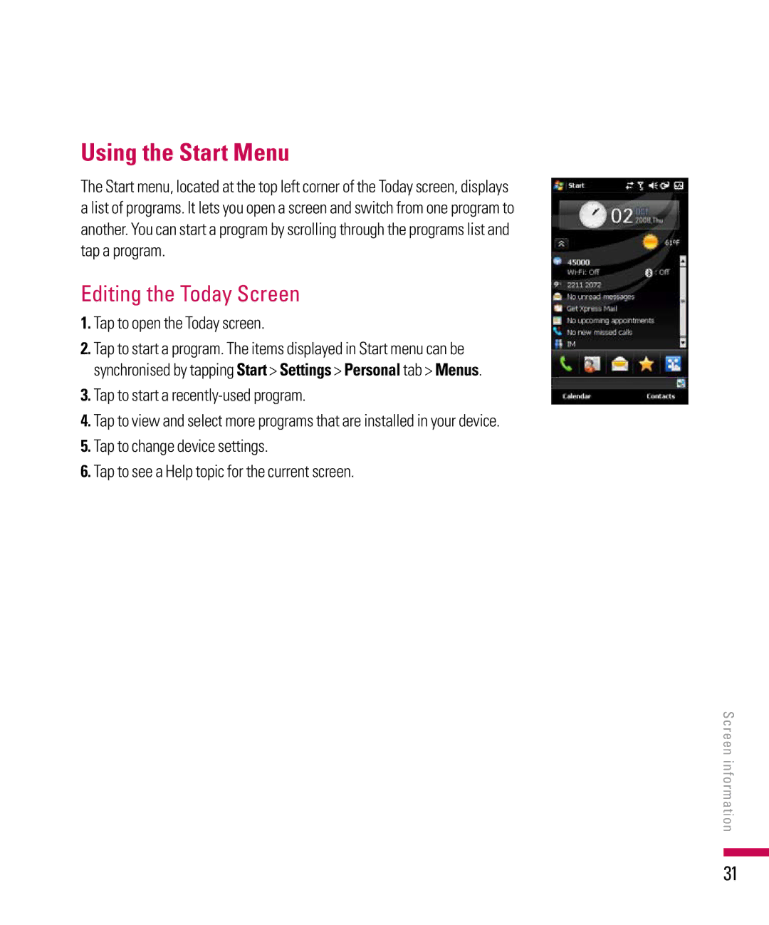 LG Electronics PDA manual Using the Start Menu, Editing the Today Screen, Tap to open the Today screen 