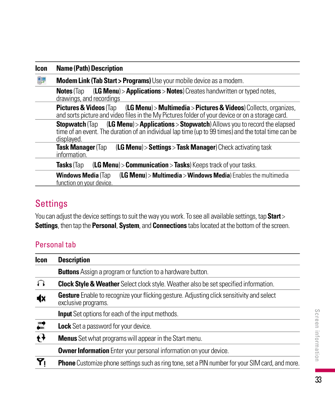 LG Electronics PDA manual Settings, Personal tab, Information, Buttons Assign a program or function to a hardware button 