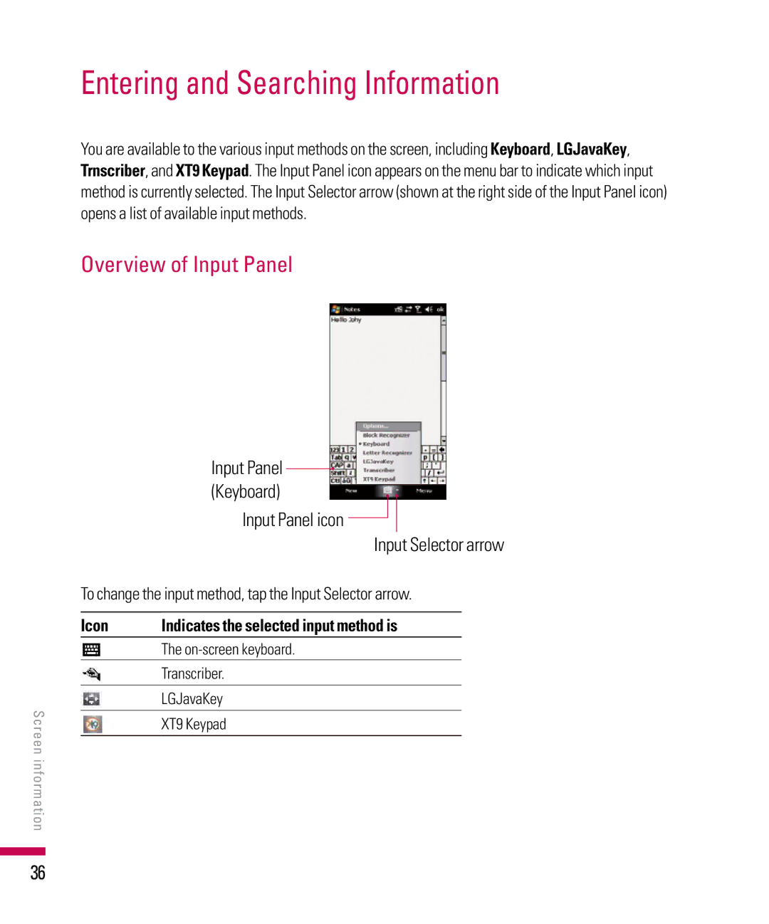 LG Electronics PDA manual Entering and Searching Information, Overview of Input Panel, Icon 