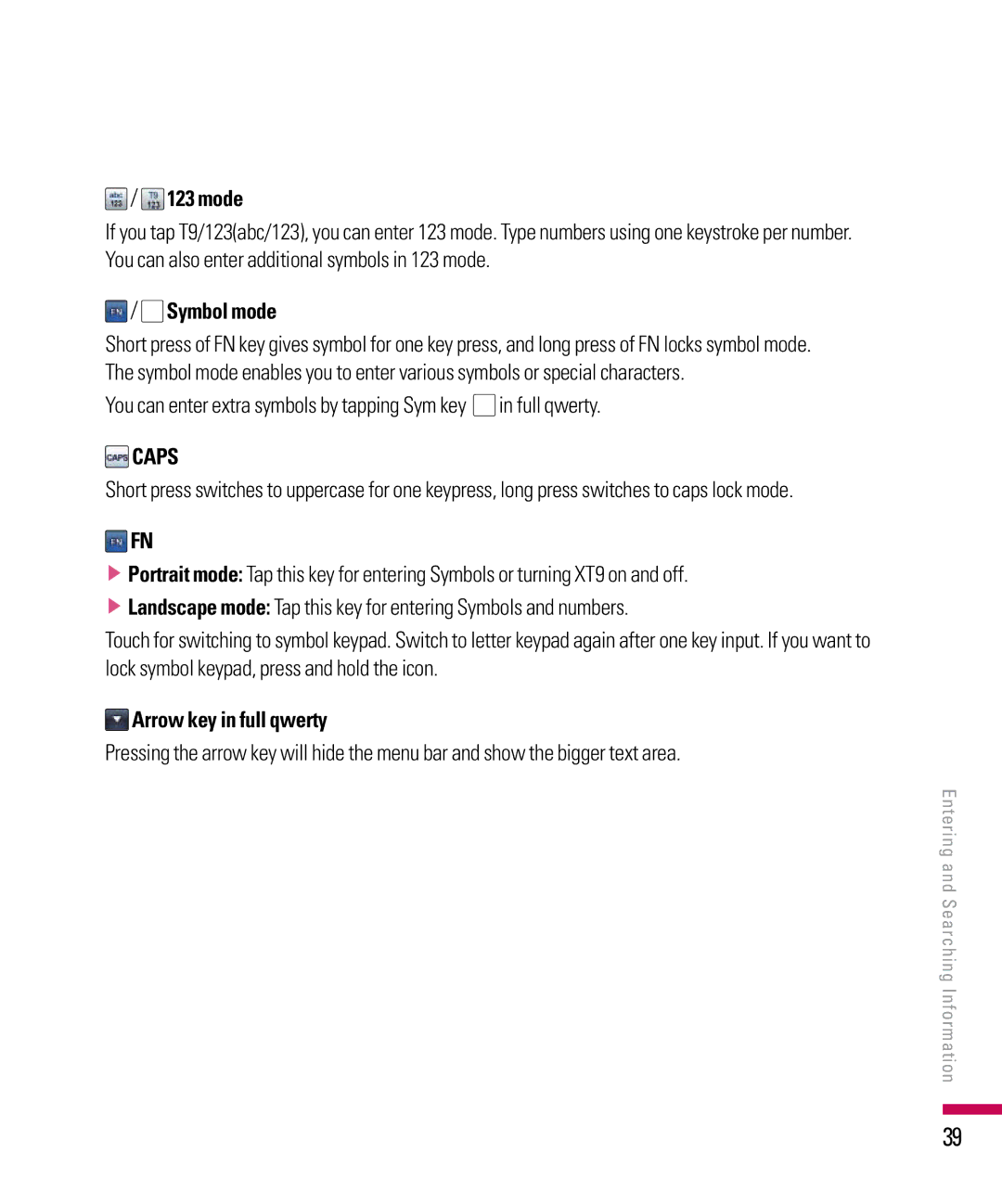 LG Electronics PDA manual Mode, Symbol mode, Arrow key in full qwerty 