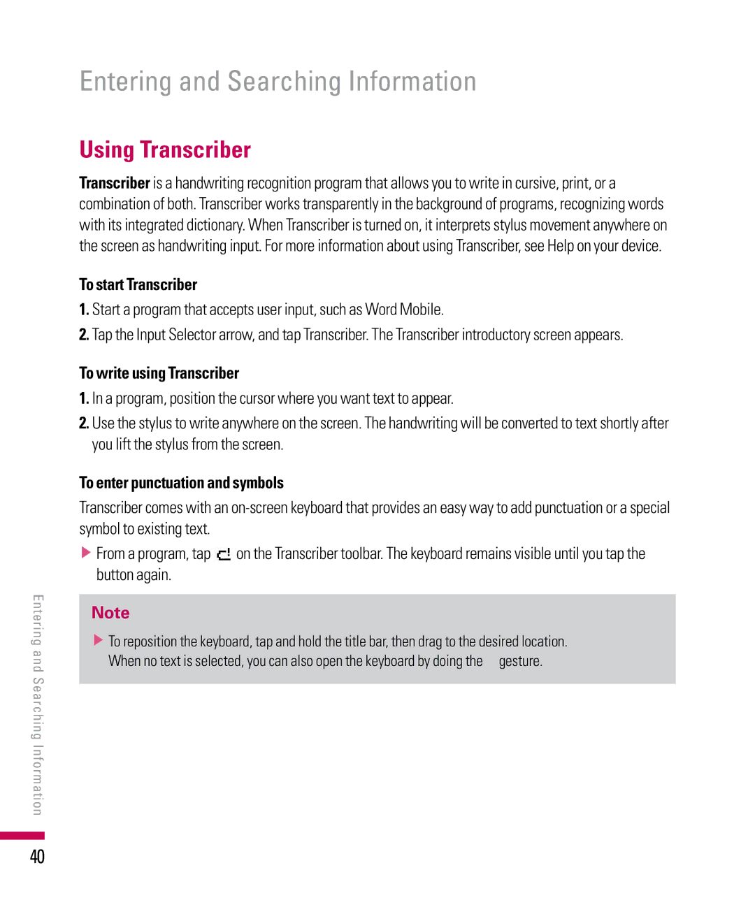 LG Electronics PDA Using Transcriber, To start Transcriber, To write using Transcriber, To enter punctuation and symbols 