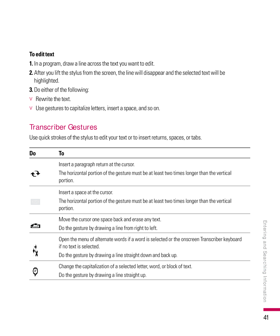 LG Electronics PDA manual Transcriber Gestures, To edit text, Do To 