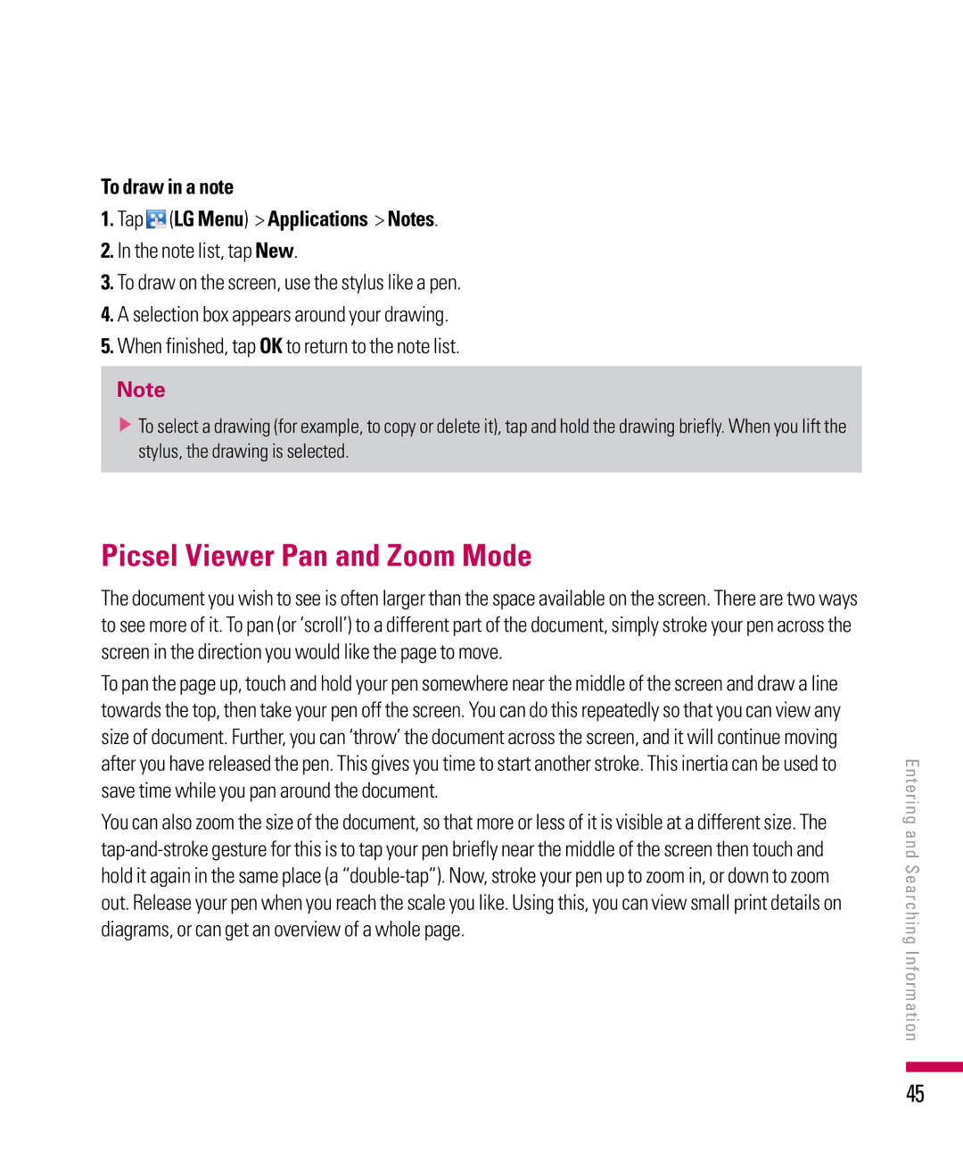 LG Electronics PDA manual Picsel Viewer Pan and Zoom Mode, To draw in a note Tap LG Menu Applications Notes 