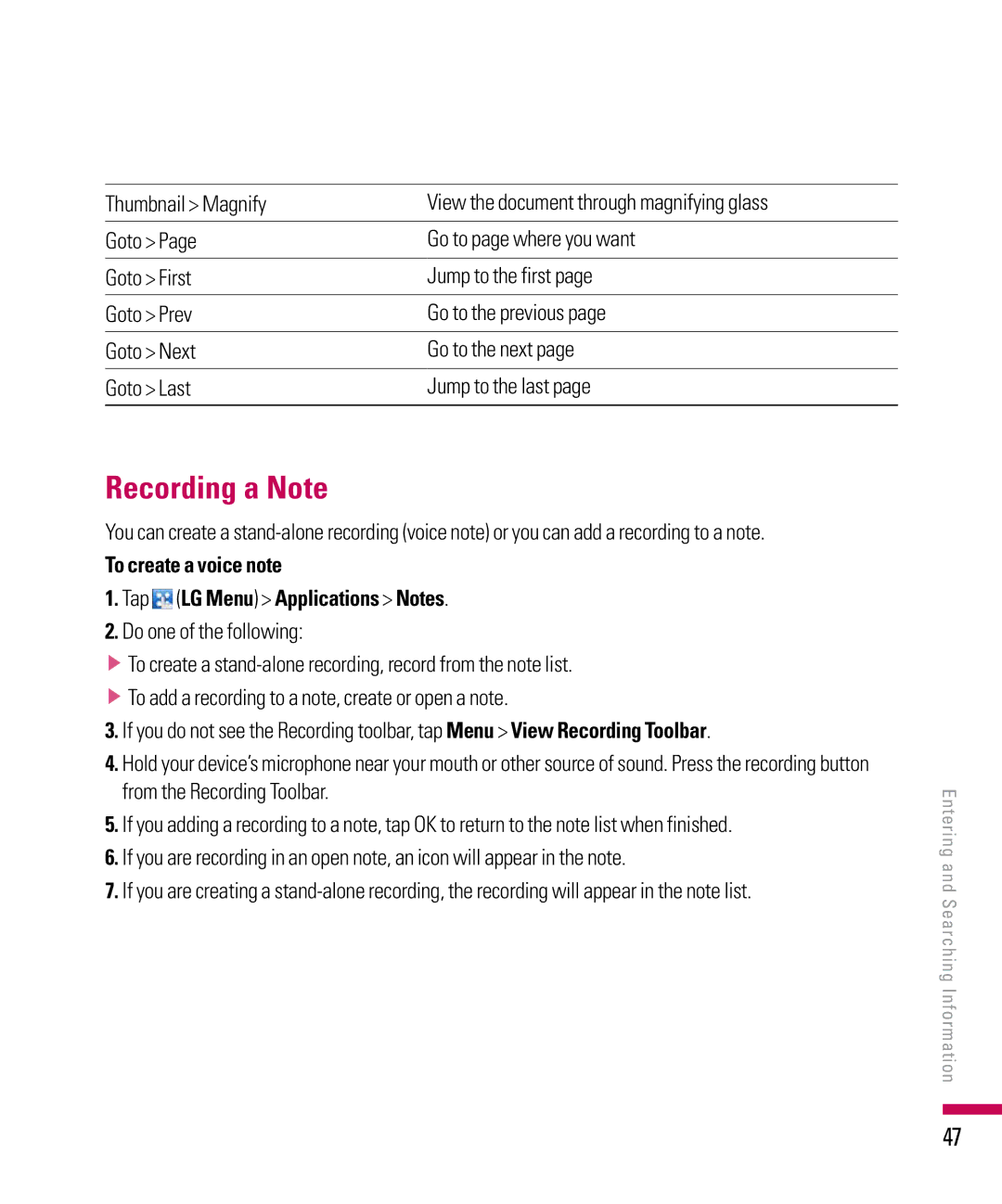 LG Electronics PDA manual Recording a Note, To create a voice note Tap LG Menu Applications Notes, Do one of the following 