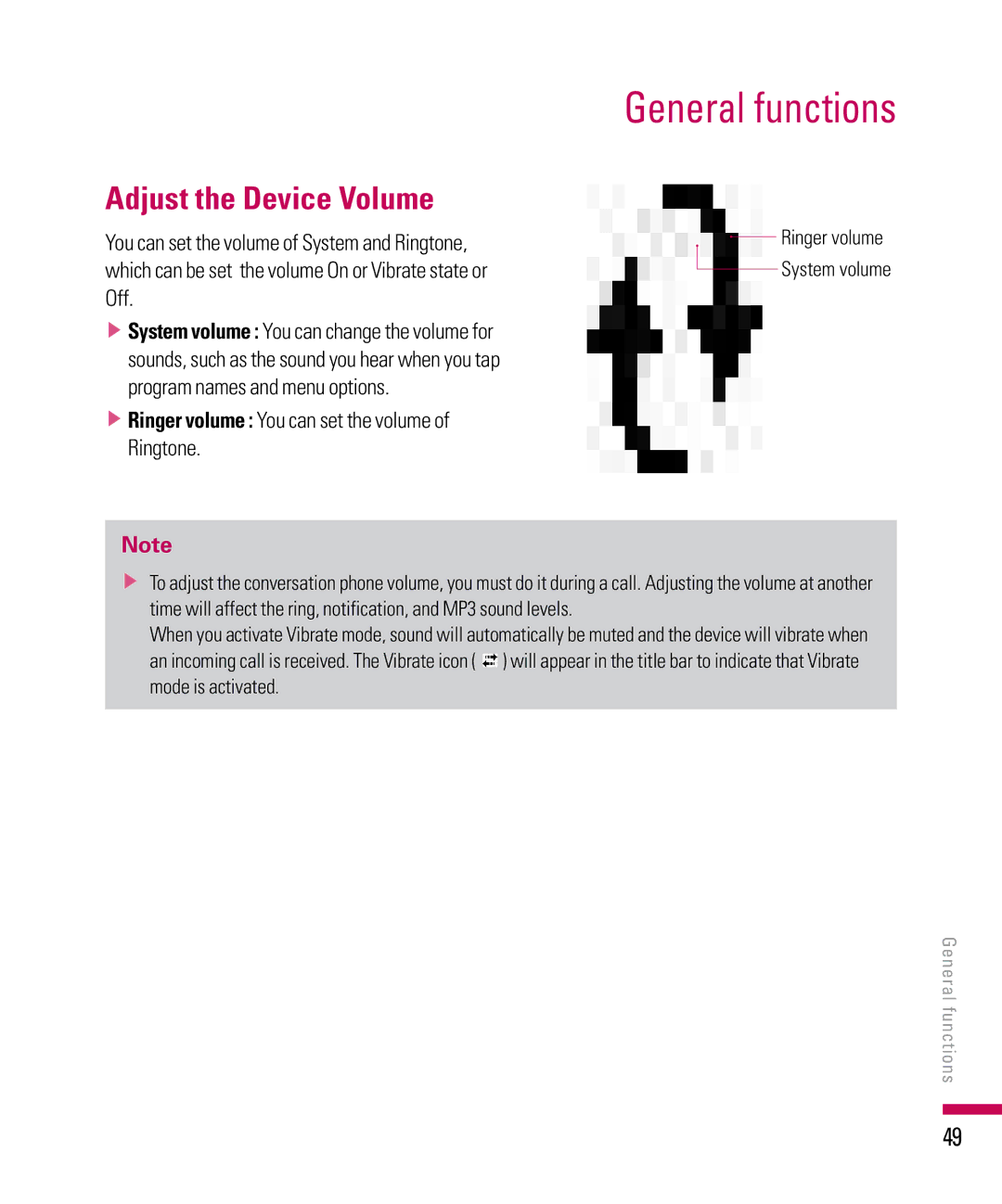 LG Electronics PDA manual General functions, Adjust the Device Volume, Ringer volume You can set the volume of Ringtone 