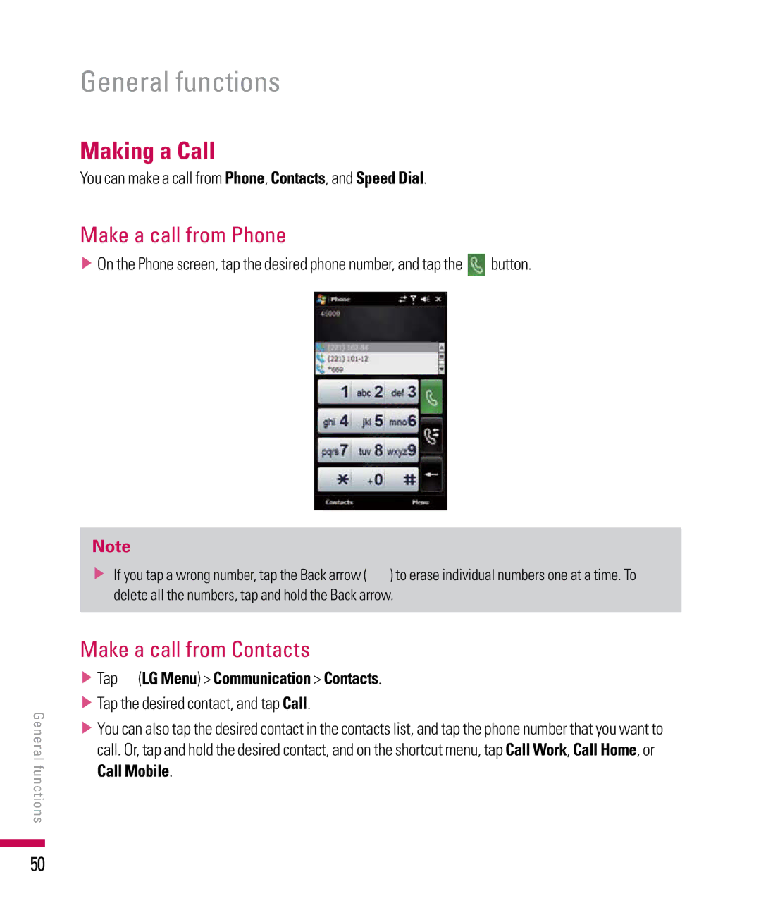 LG Electronics PDA Making a Call, Make a call from Phone, Make a call from Contacts, Tap LG Menu Communication Contacts 